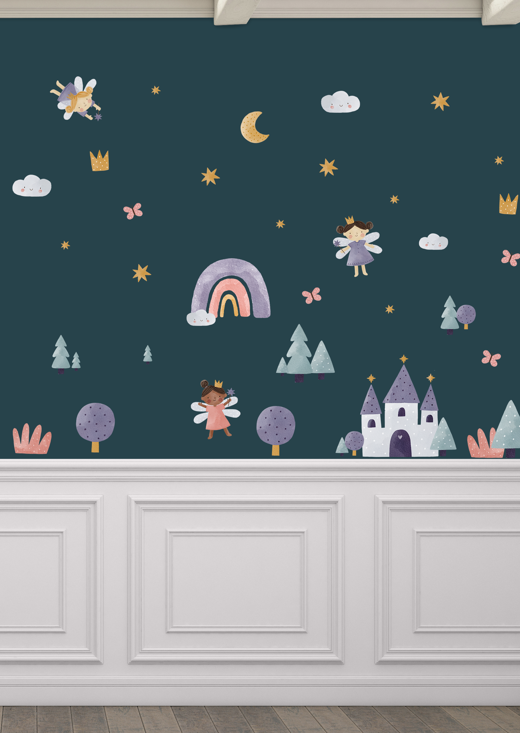 Children's wall mural with fairies, castles, and rainbow on a dark blue background.