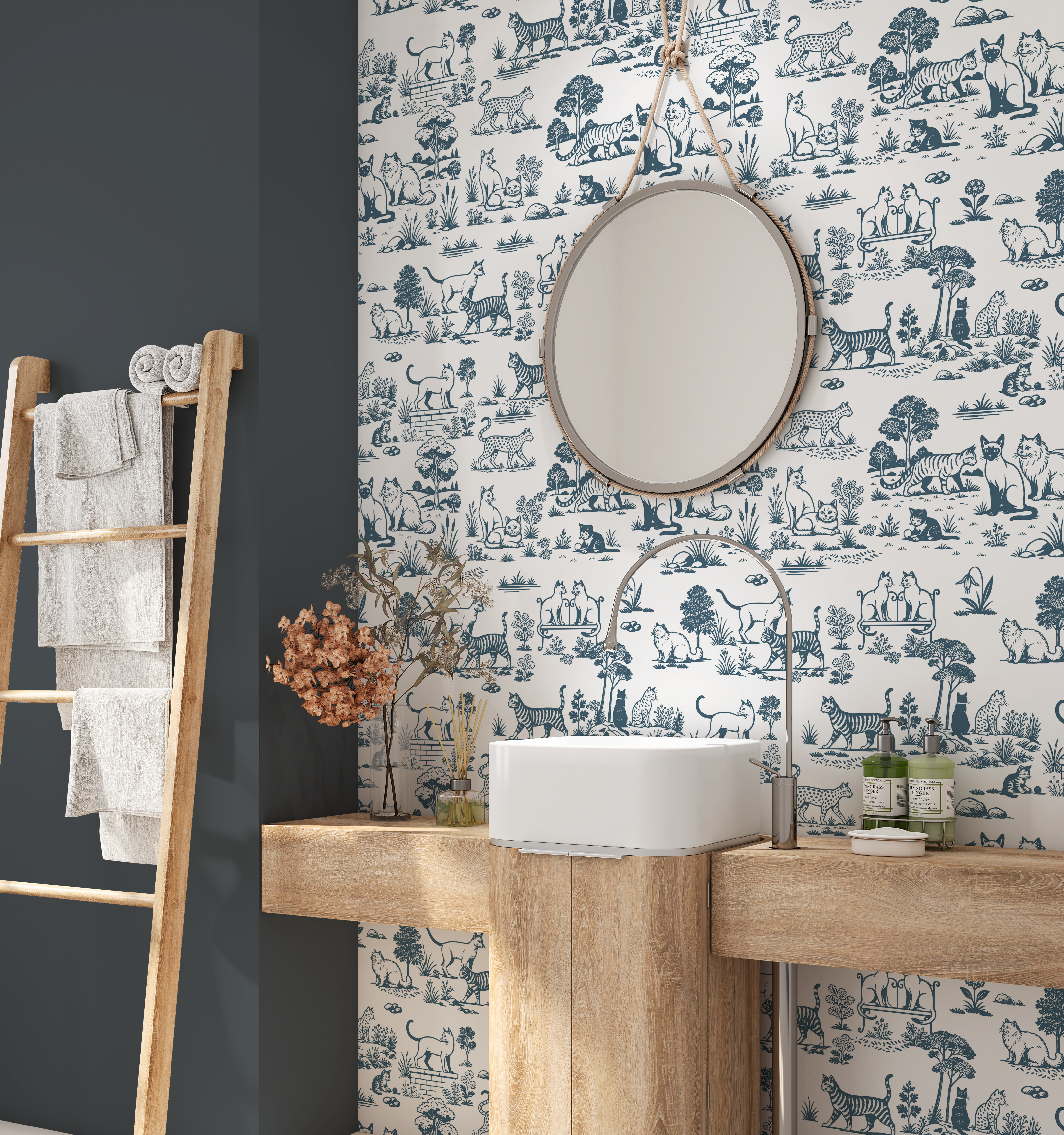 blue cat wallpaper in modern bathroom with wood vanity and round mirror, whimsical animal toile wall decor