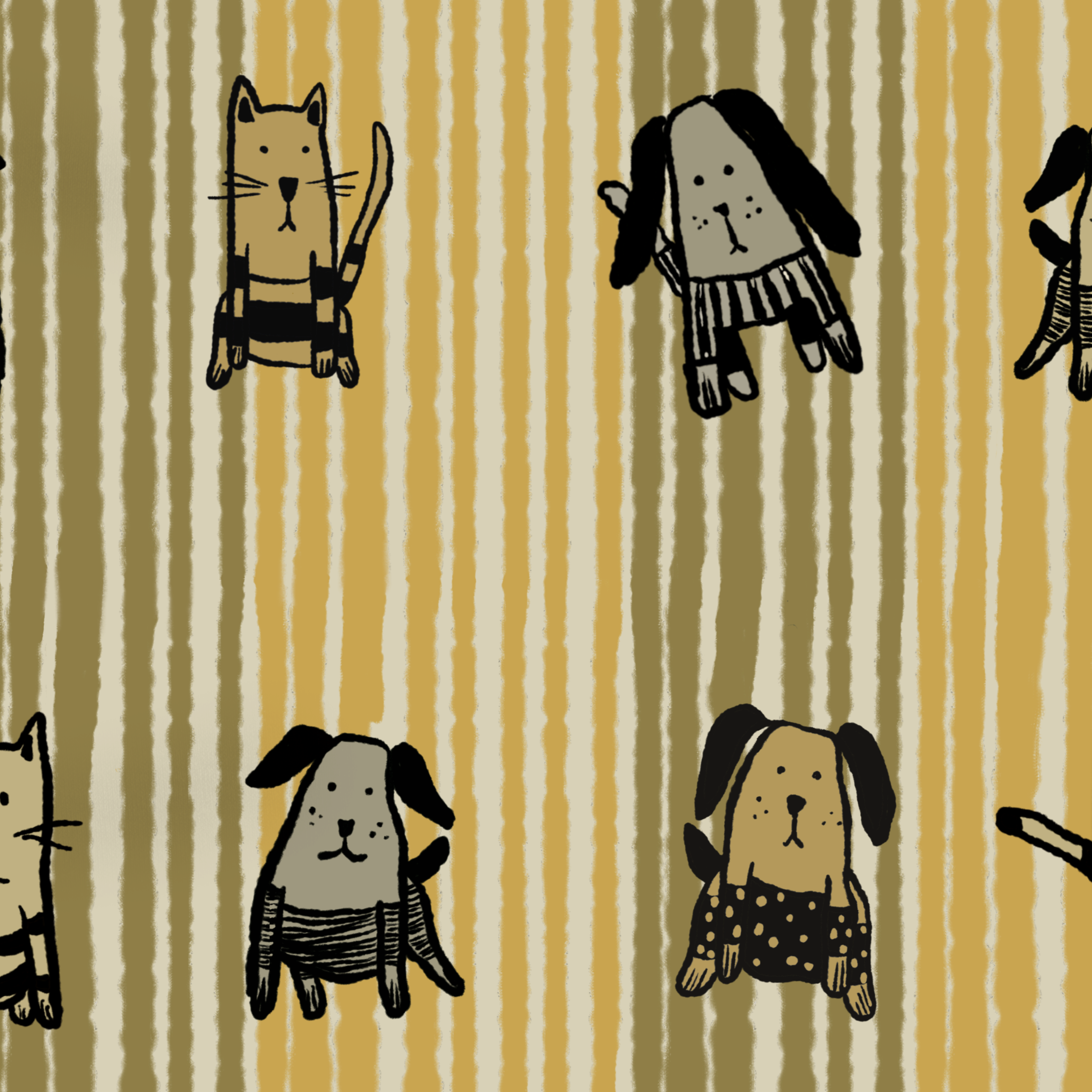 Close-up sample of cats and dogs wallpaper featuring hand-drawn pets on vertical stripe background in earthy colors