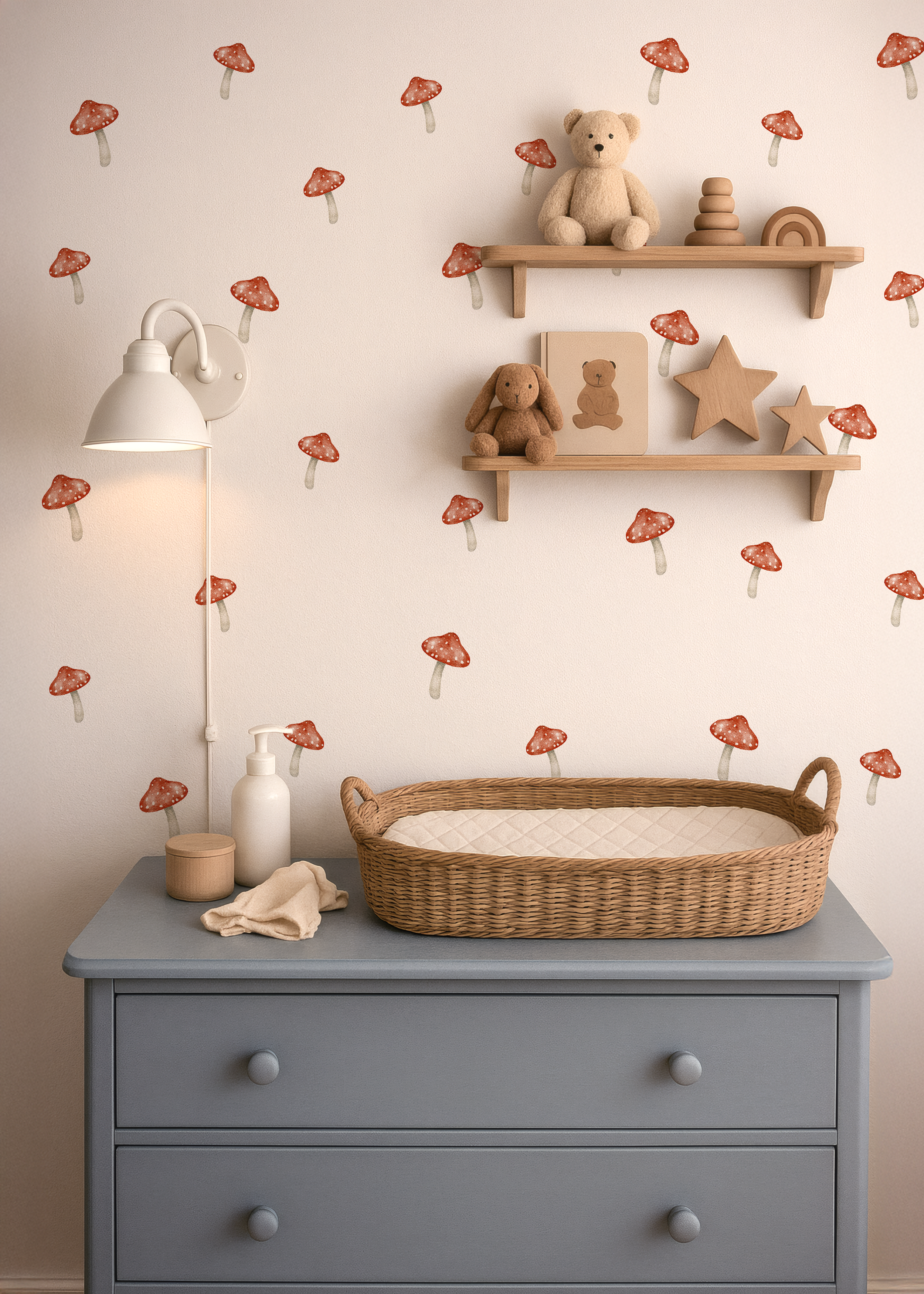Watercolor mushroom wall stickers in a nursery with changing table, wooden shelves and neutral kids room decor