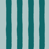 Close-up of classic blue vertical stripe wallpaper with hand-drawn wavy edges