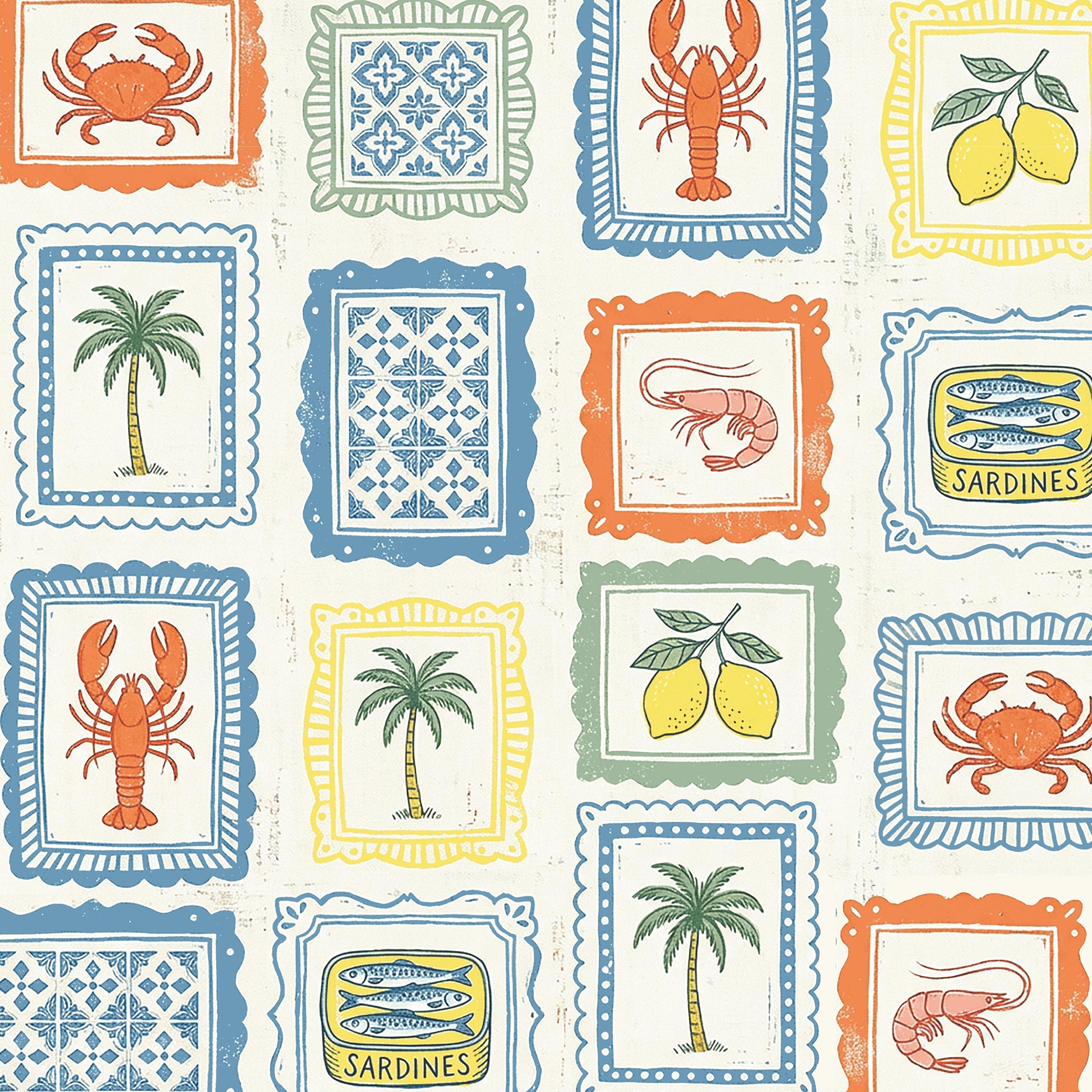 Coastal Market wallpaper featuring framed Mediterranean tiles, lemons, seafood, palm trees and coastal market illustrations