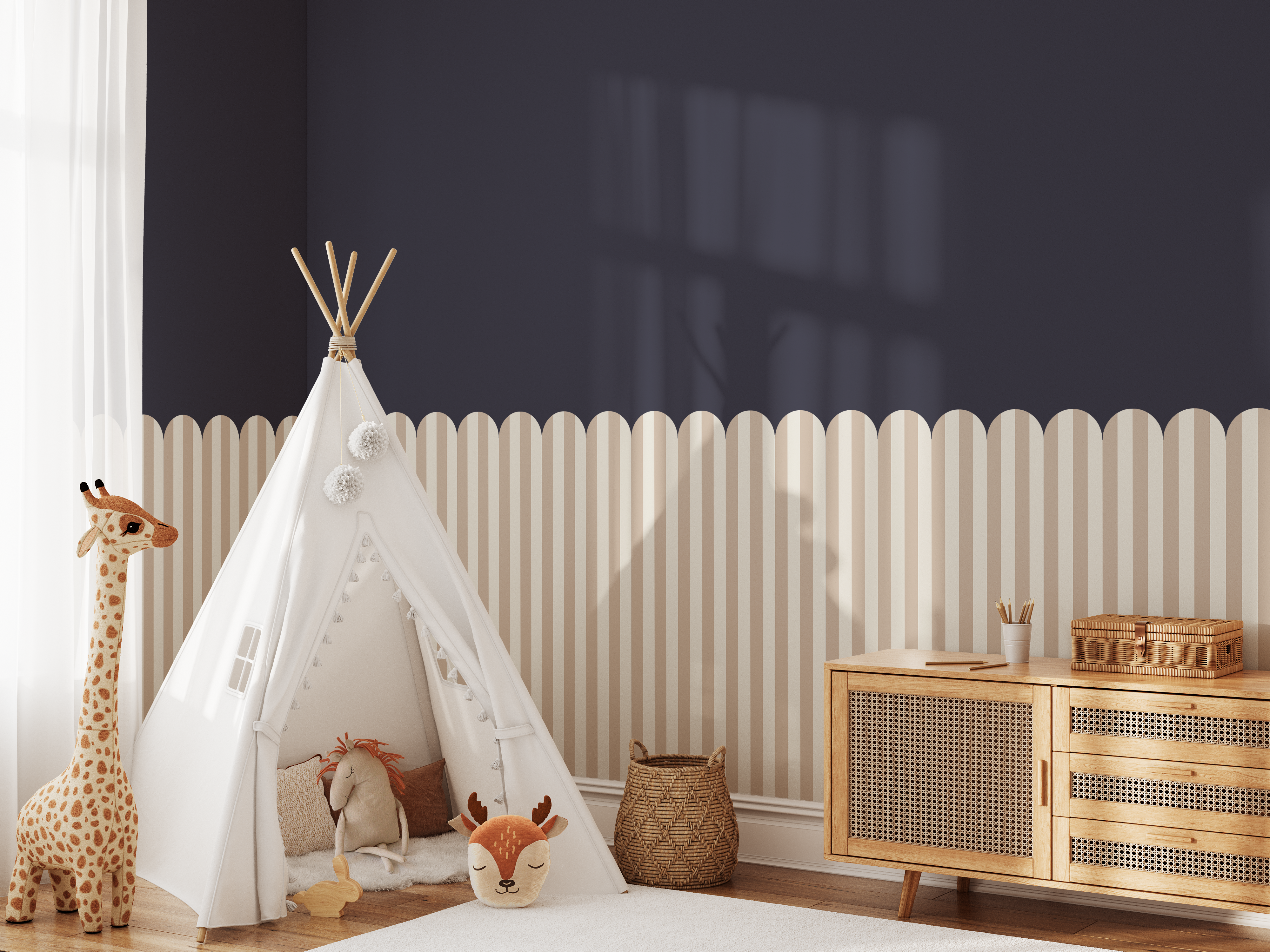 Beige scallop stripe wall panels in kids’ playroom with teepee and giraffe toy.