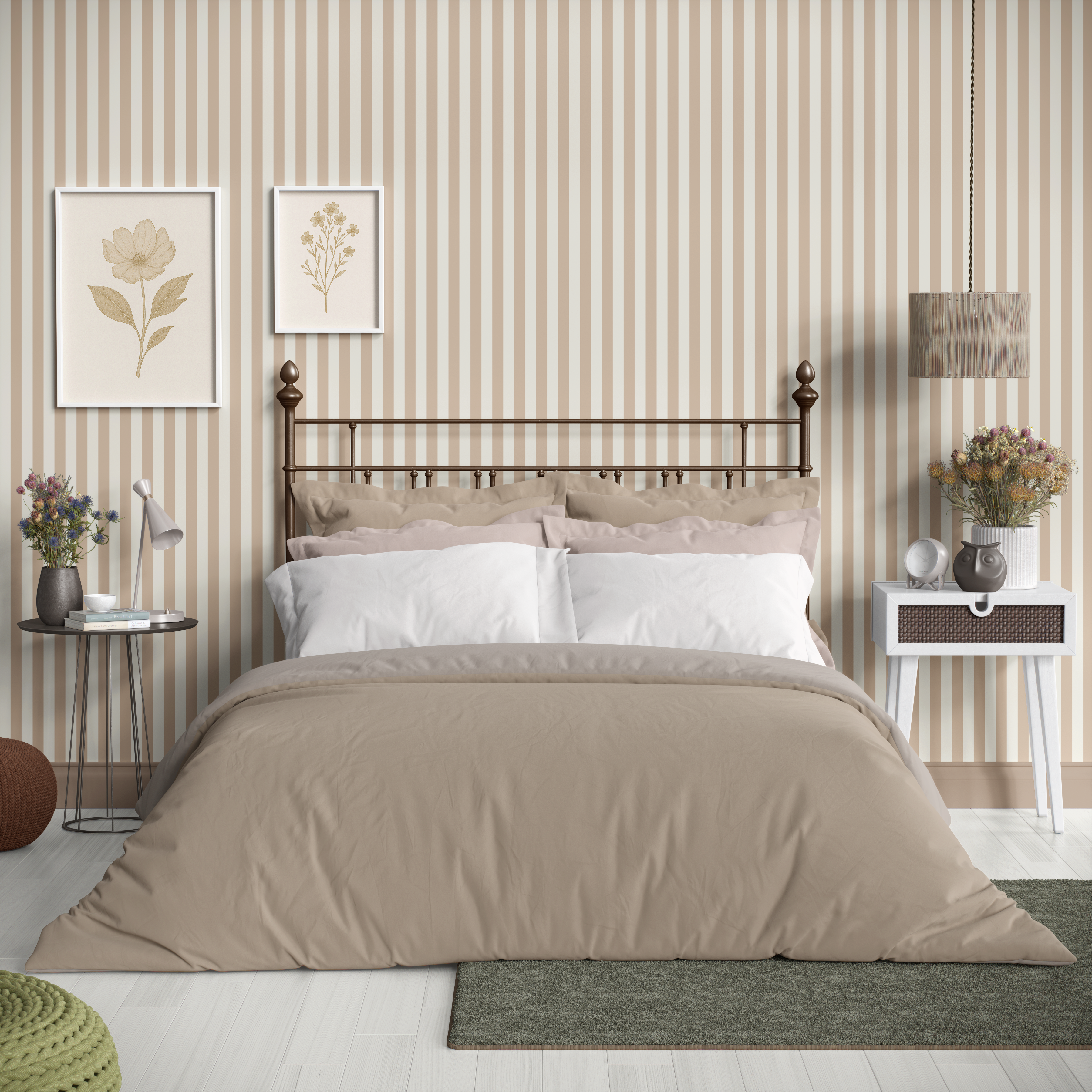 Vertical sandstone stripe wallpaper styled behind a bed in a cozy bedroom
