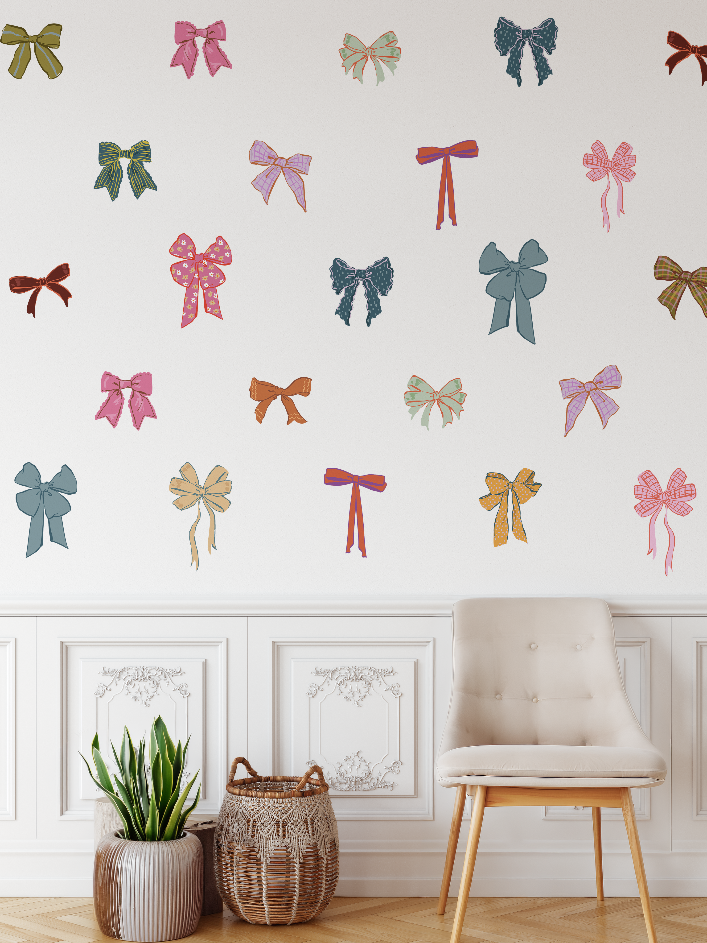 Wall with colorful bow pattern, chair, plant, and basket in a room.
