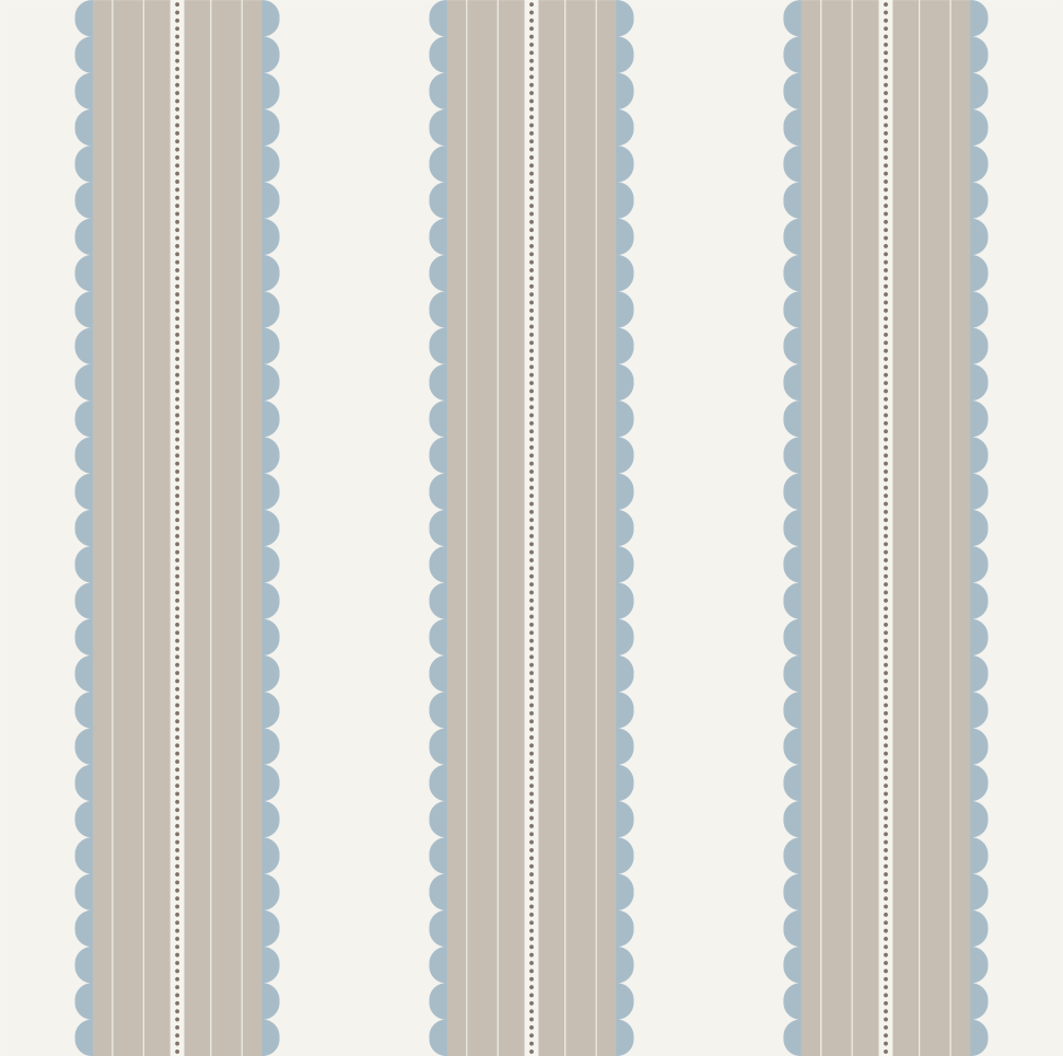 Cottage Scallop Stripe Wallpaper featuring blue scalloped accents and taupe vertical stripes