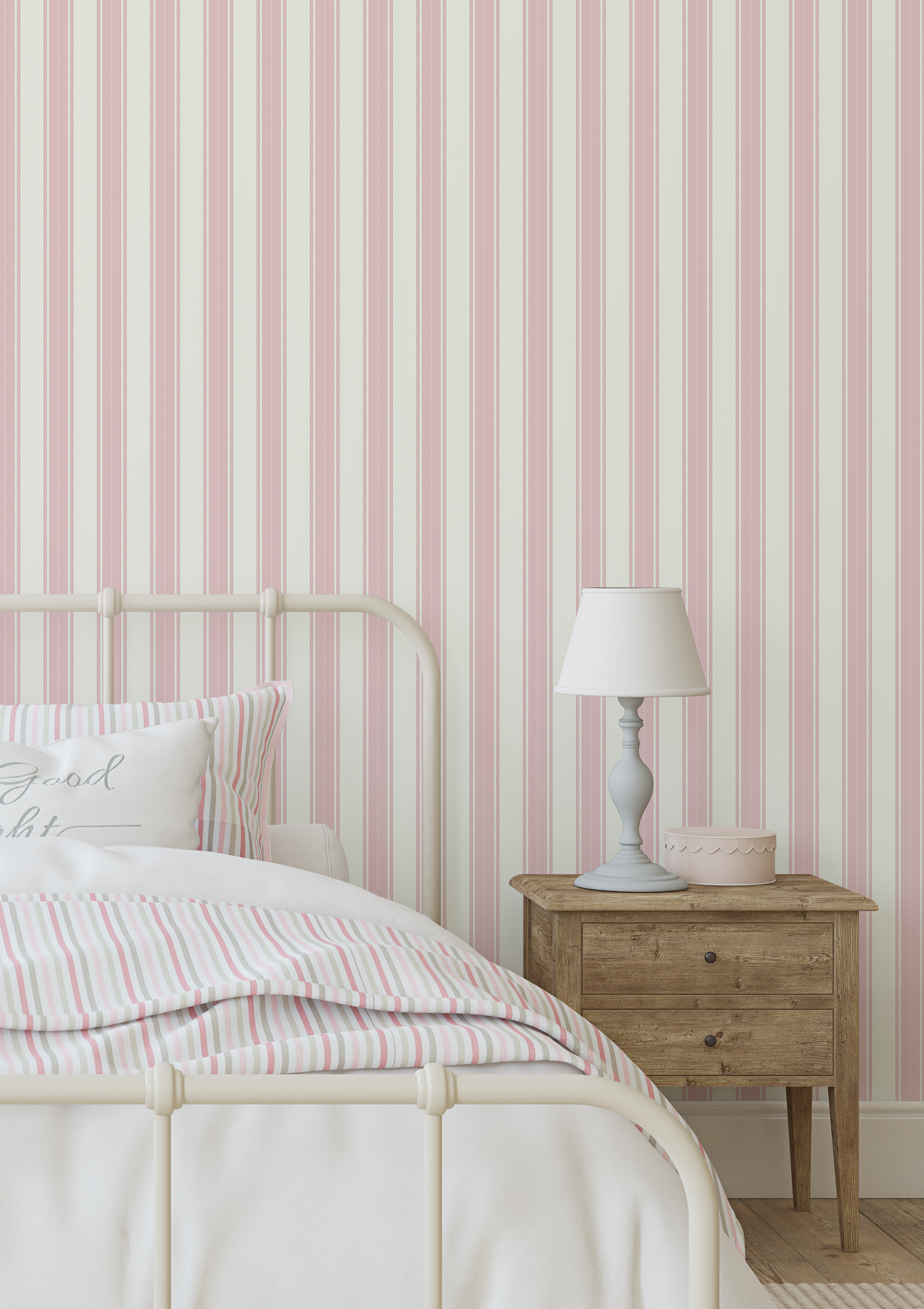 Bedroom with pink and white striped wallpaper, bed with striped bedding, and wooden nightstand.