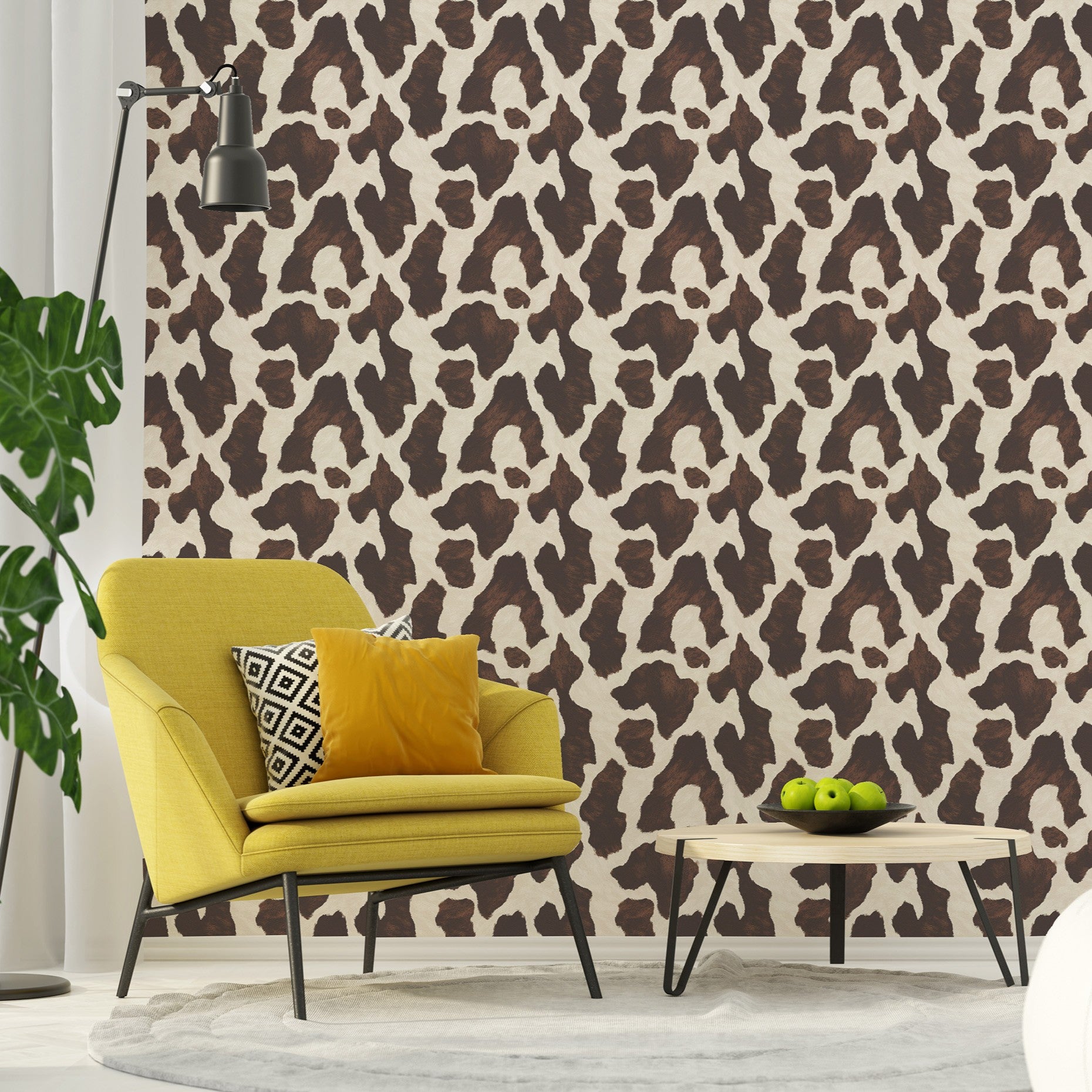 Rustic cow print wallpaper accent wall behind mustard chair in modern living room