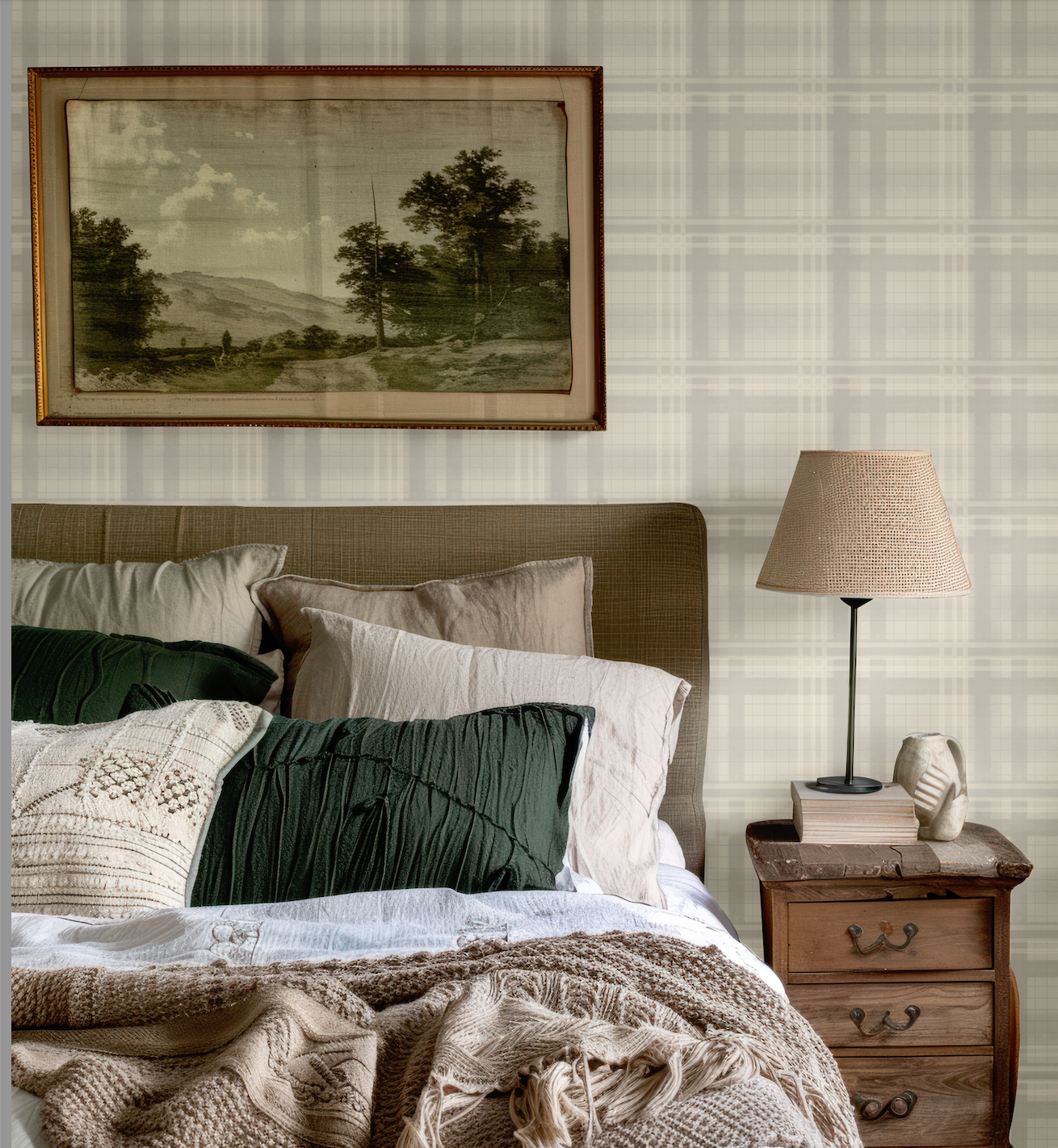 Bedroom with Cream Tartan Wallpaper and rustic wood furnishings.