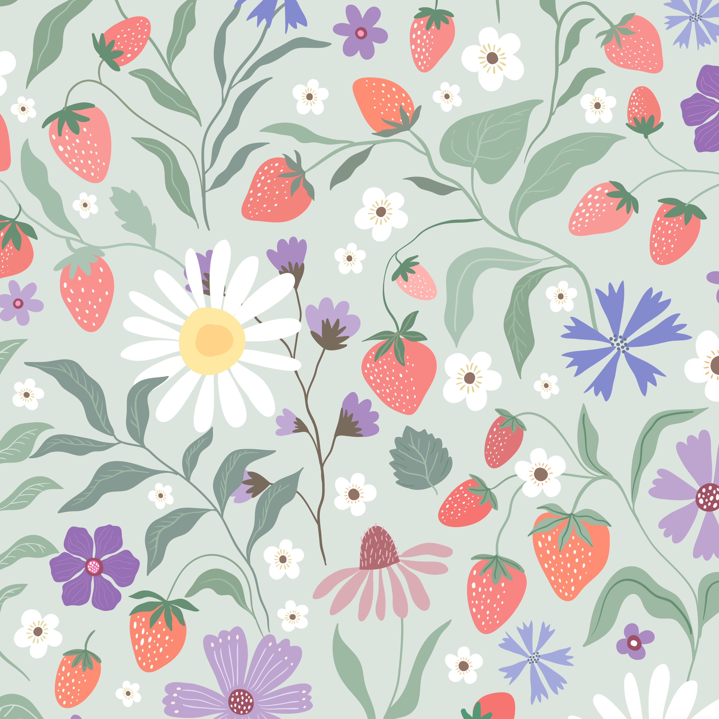 Strawberry daisy floral wallpaper pattern with strawberries, wildflowers and botanical leaves on sage green background cottagecore design