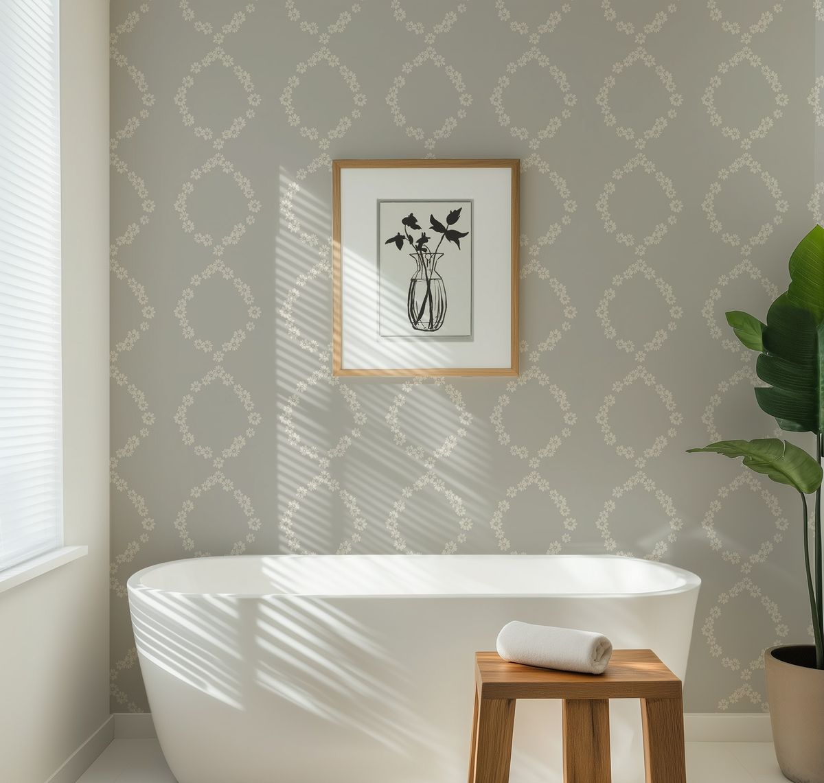 A modern bathroom scene featuring a white freestanding bathtub, a small wooden stool with a rolled white towel, a framed black-and-white floral print on a light gray patterned wall, and a potted plant with a large green leaf.
