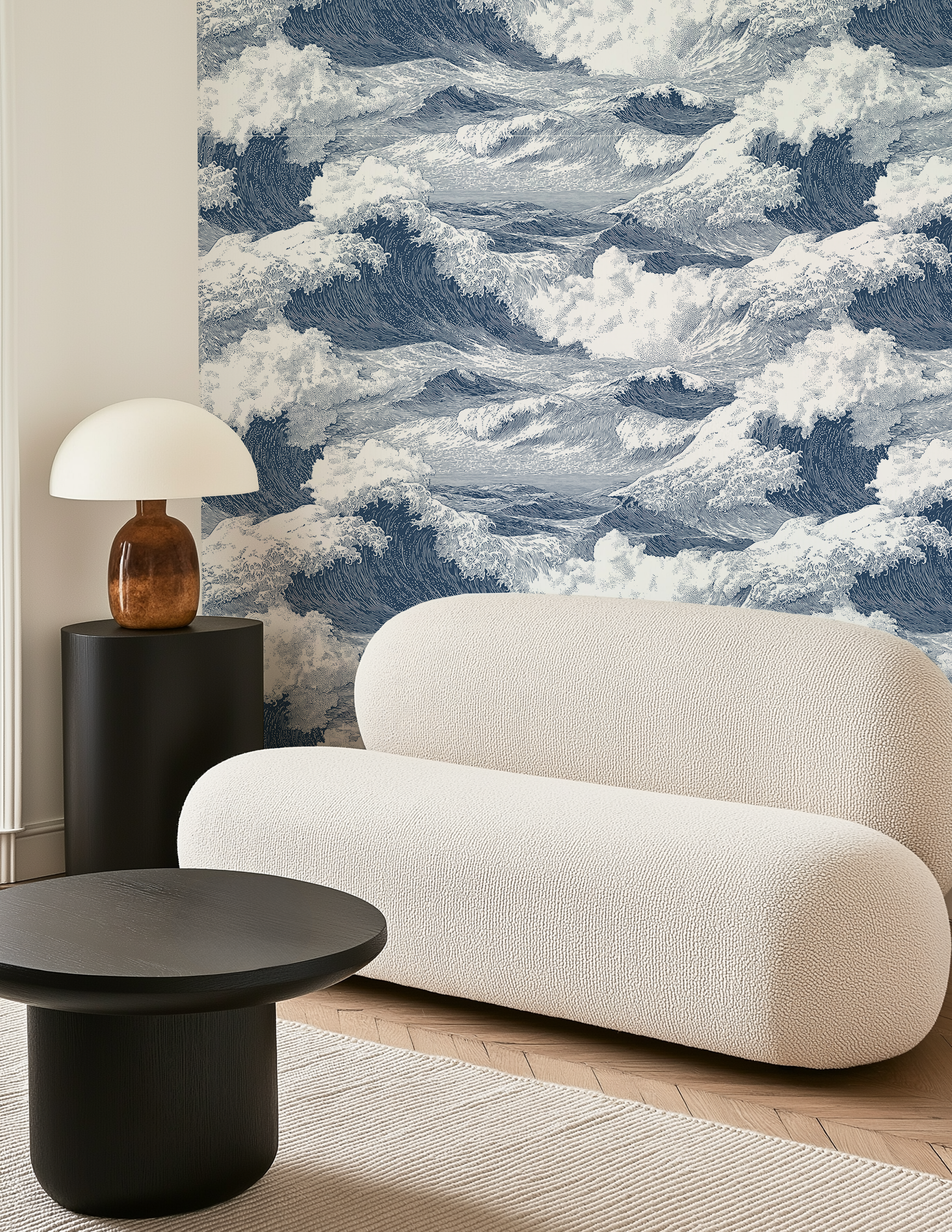 Dark blue Japandi Tide wallpaper behind contemporary sofa, Japanese ocean wallpaper for statement feature walls