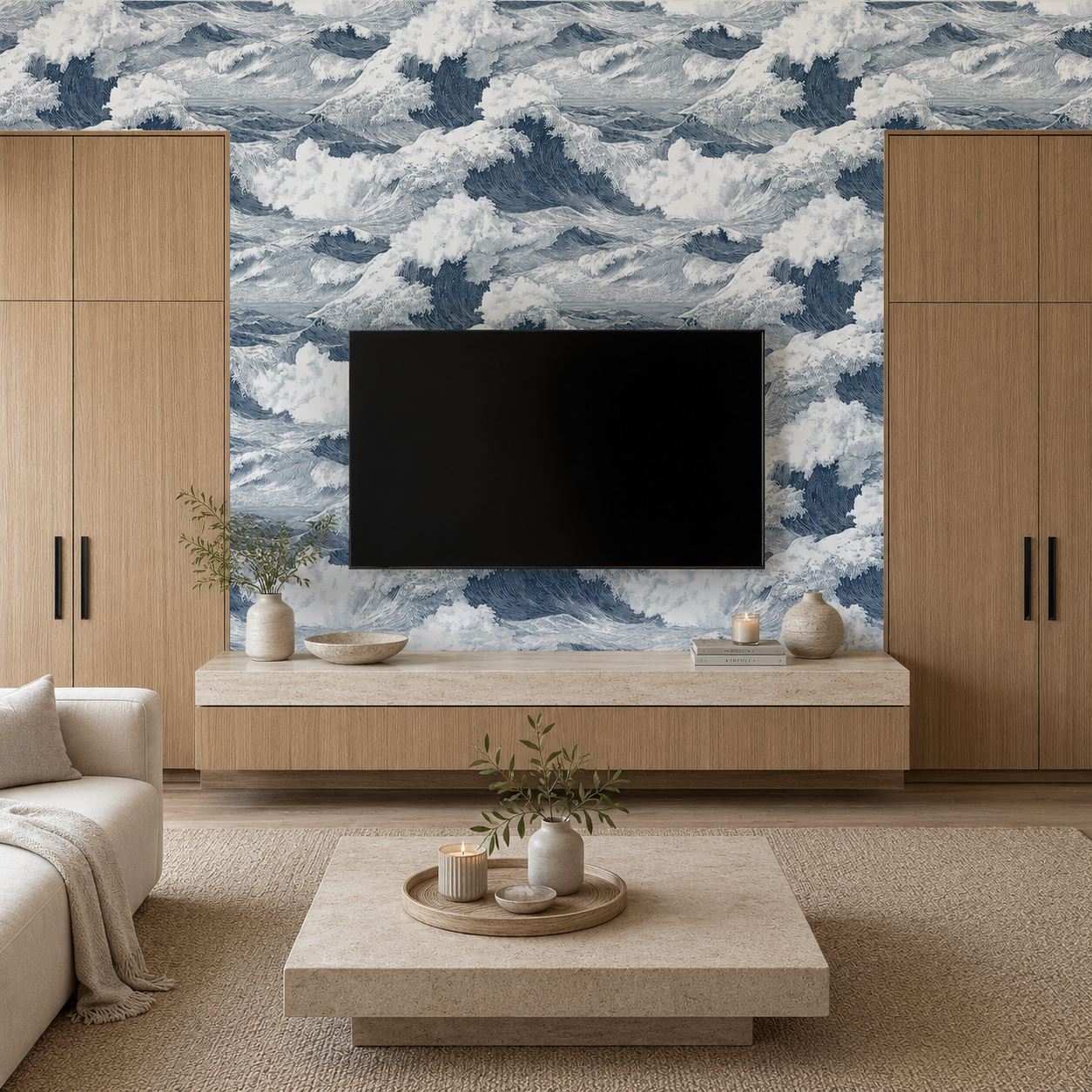 Dark blue Japandi Tide wallpaper in modern living room, Japanese ocean inspired wallpaper with dramatic coastal waves
