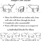 Set of 14 outline cow decals with size dimensions shown, including longhorn, calf, and dairy cow illustrations