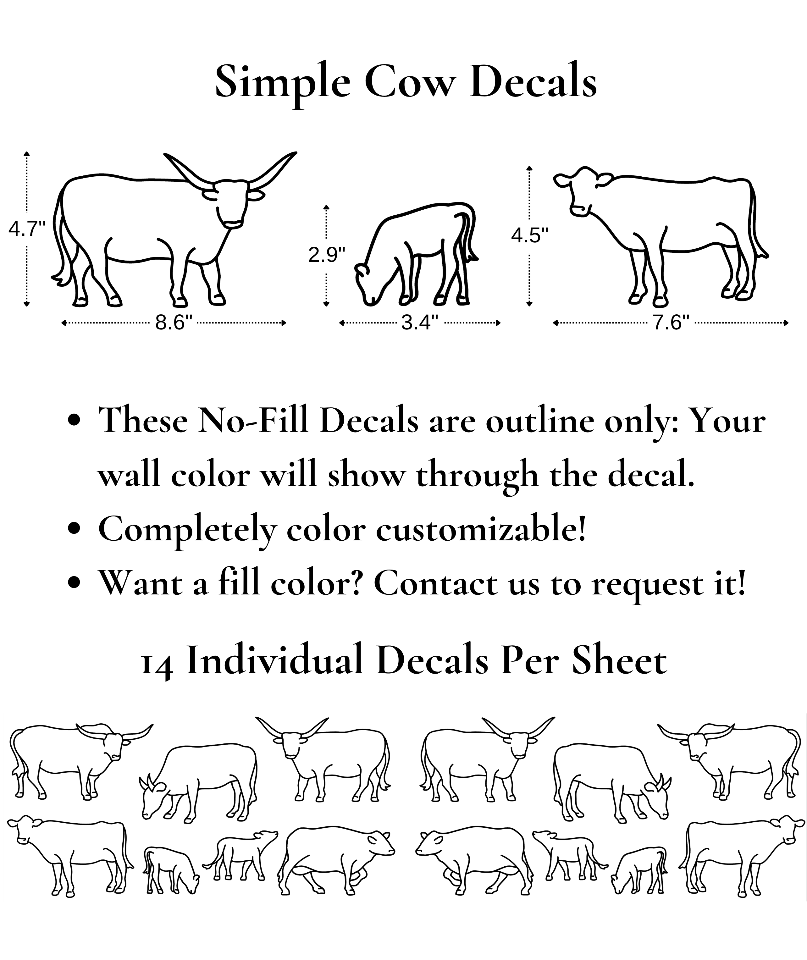 Set of 14 outline cow decals with size dimensions shown, including longhorn, calf, and dairy cow illustrations