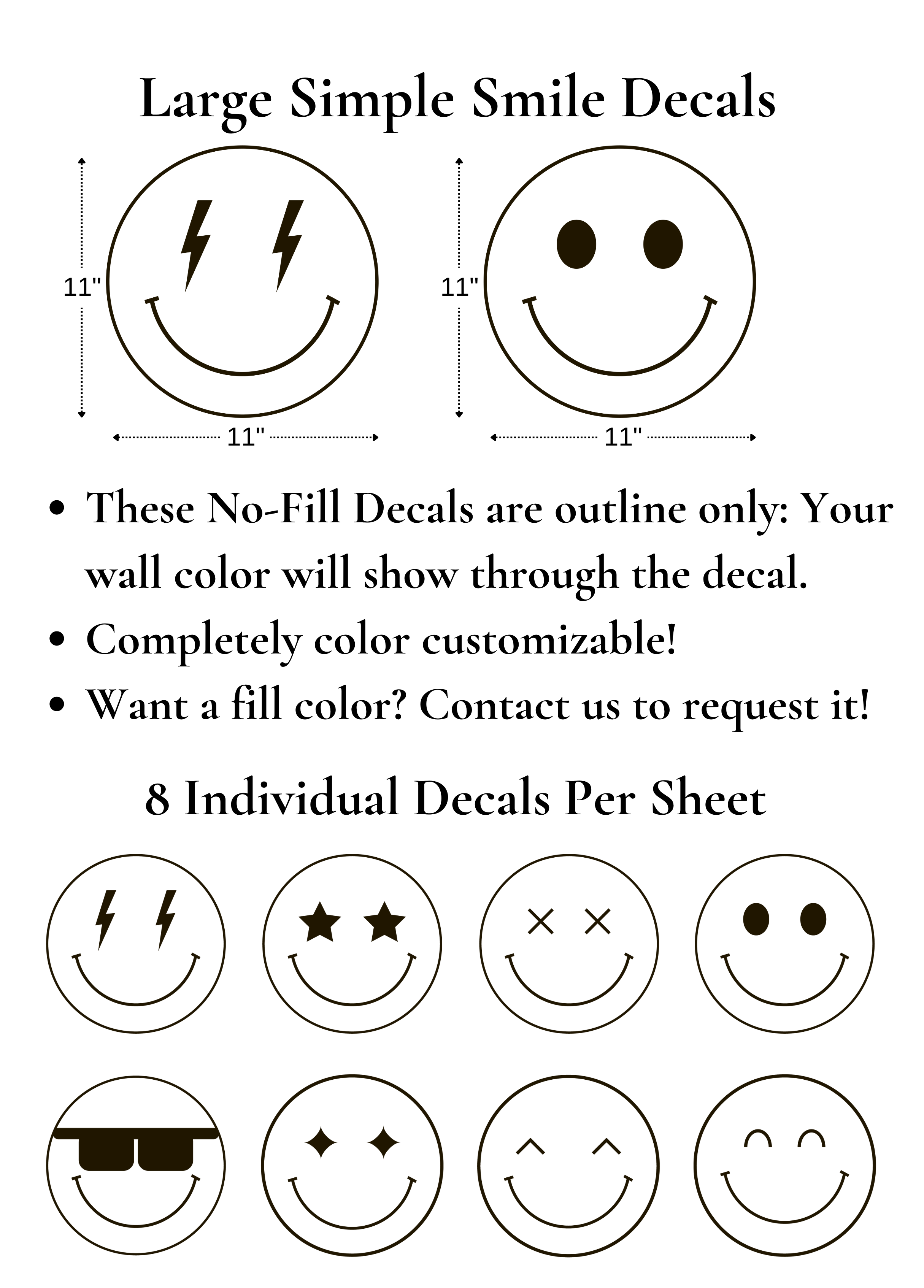 Sheet of large simple smile decals with customizable options on a white background