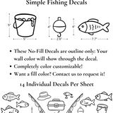Sheet of Simple Fishing Decals including fish, fishing rods, bucket, hat, and hooks – outline wall stickers, color customizable.