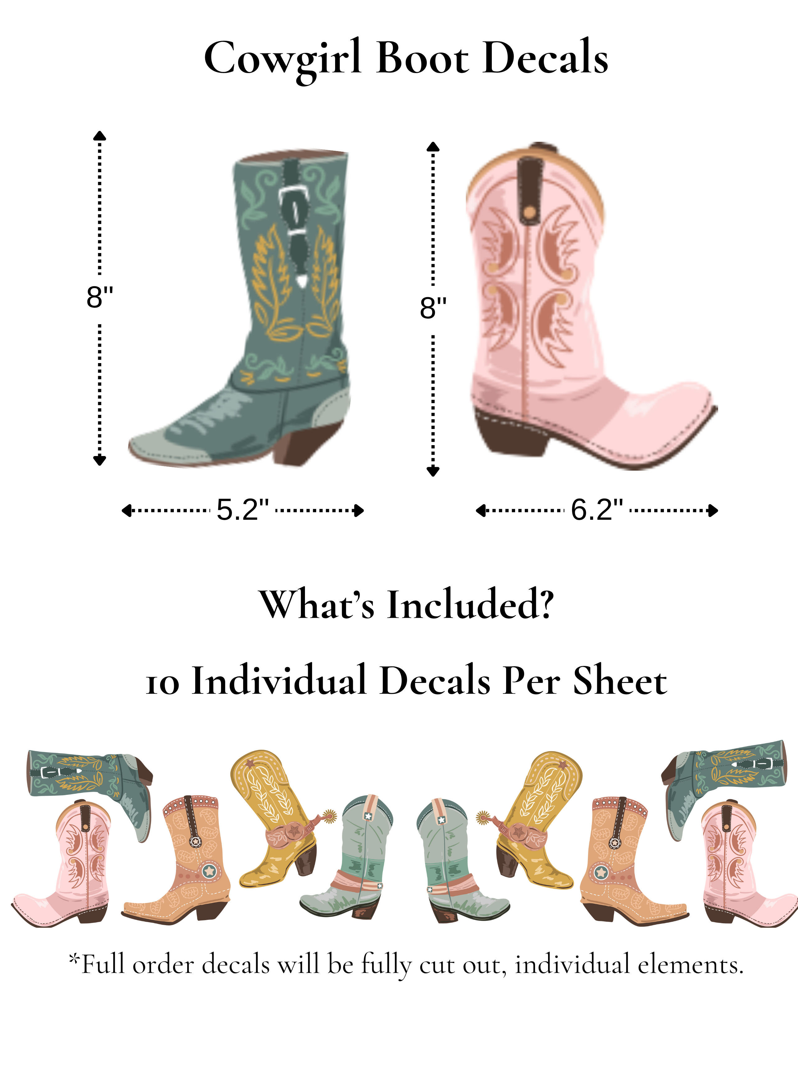 Cowgirl boot decal size chart showing individual boot decals and what’s included per sheet.