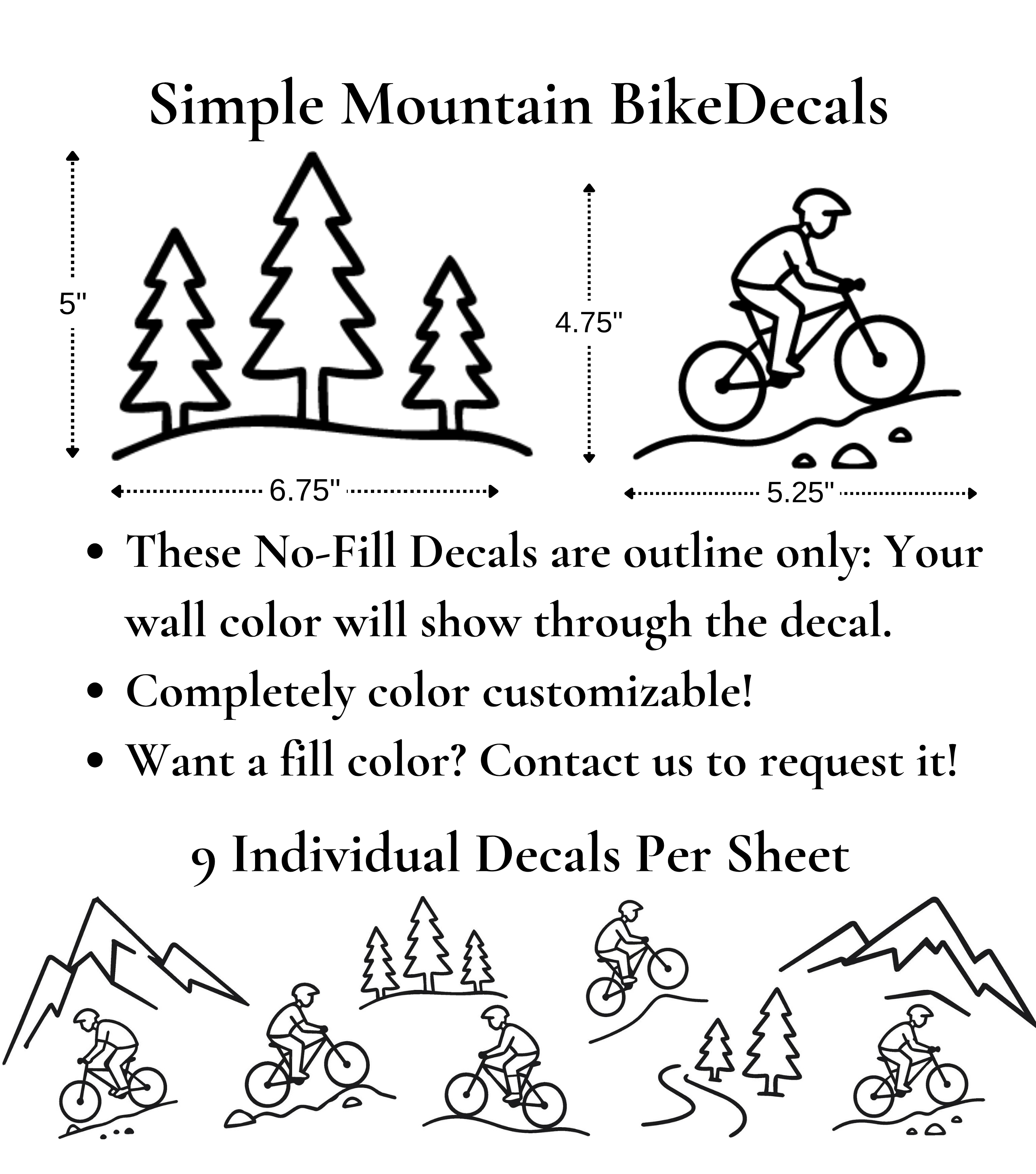 Mountain bike wall decal sizing guide showing biker and pine tree decal dimensions with all nine minimalist outdoor-themed decals included.