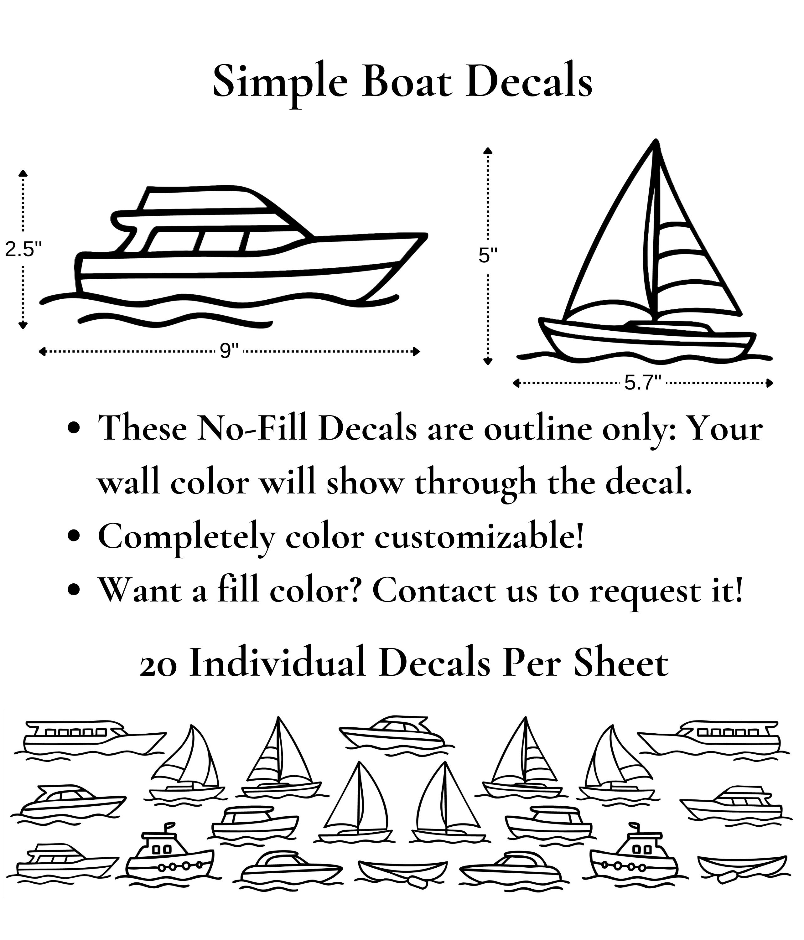 Sheet of Simple Boat Decals including sailboats, yachts, ferries, and fishing boats, outline wall stickers, fully customizable.
