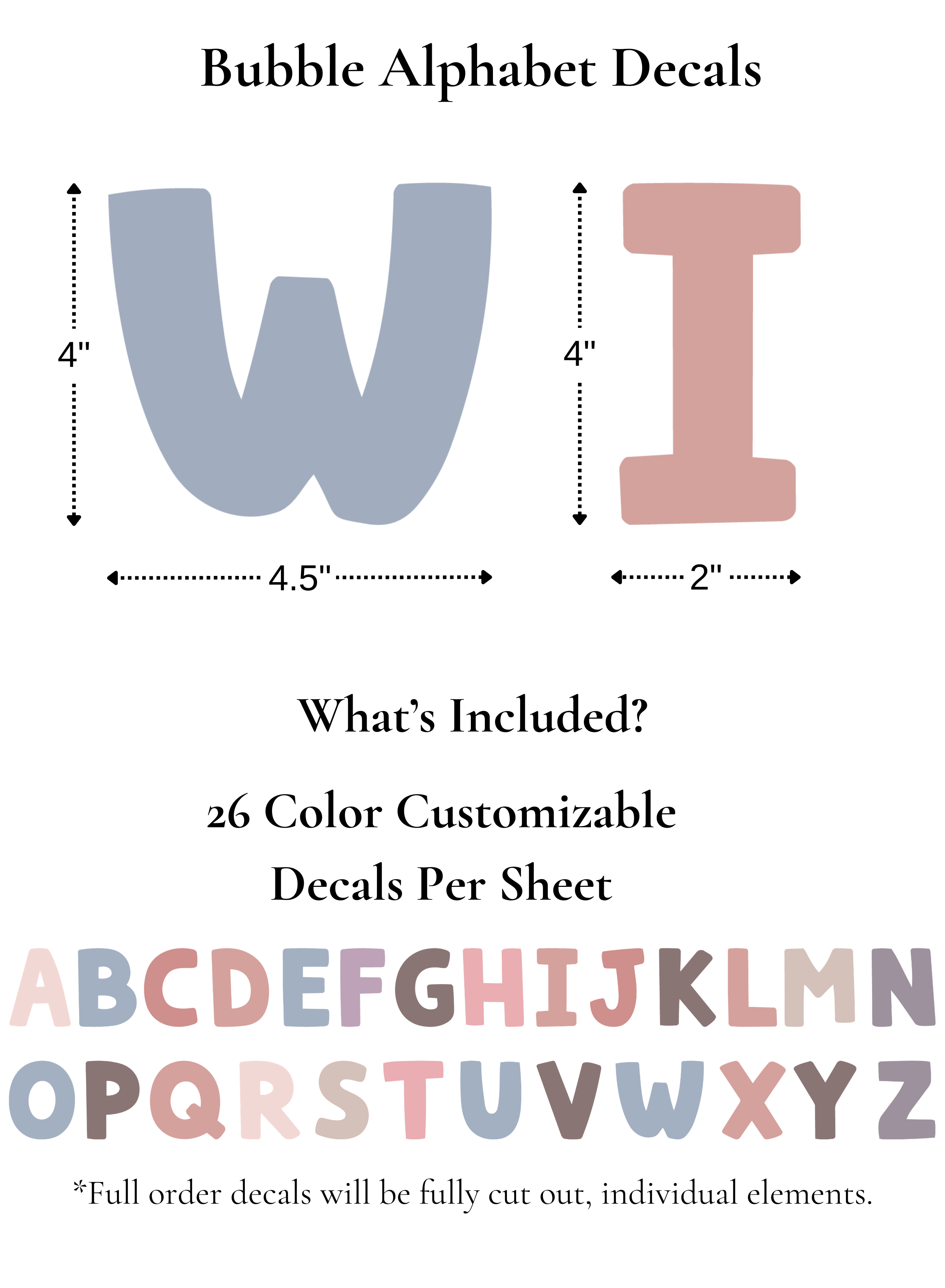 Bubble alphabet decal size chart showing 4 inch tall letters, 26 customizable ABC wall stickers per sheet