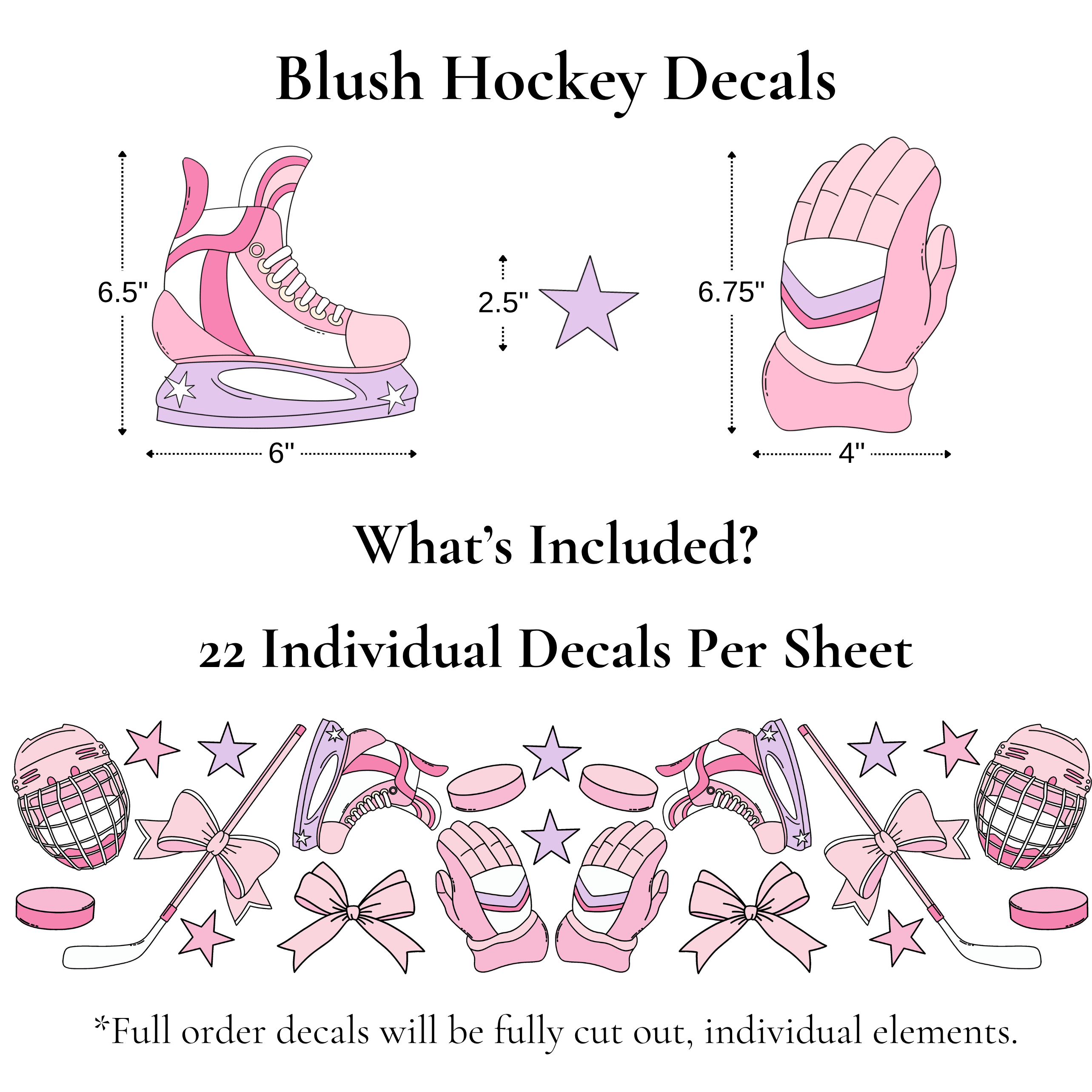 Blush hockey decals shown with size callouts and included count information. The sheet includes pink and lavender hockey-themed decals such as a skate, glove, star, hockey mask, stick, puck, and bows, with text stating 22 individual decals per sheet.