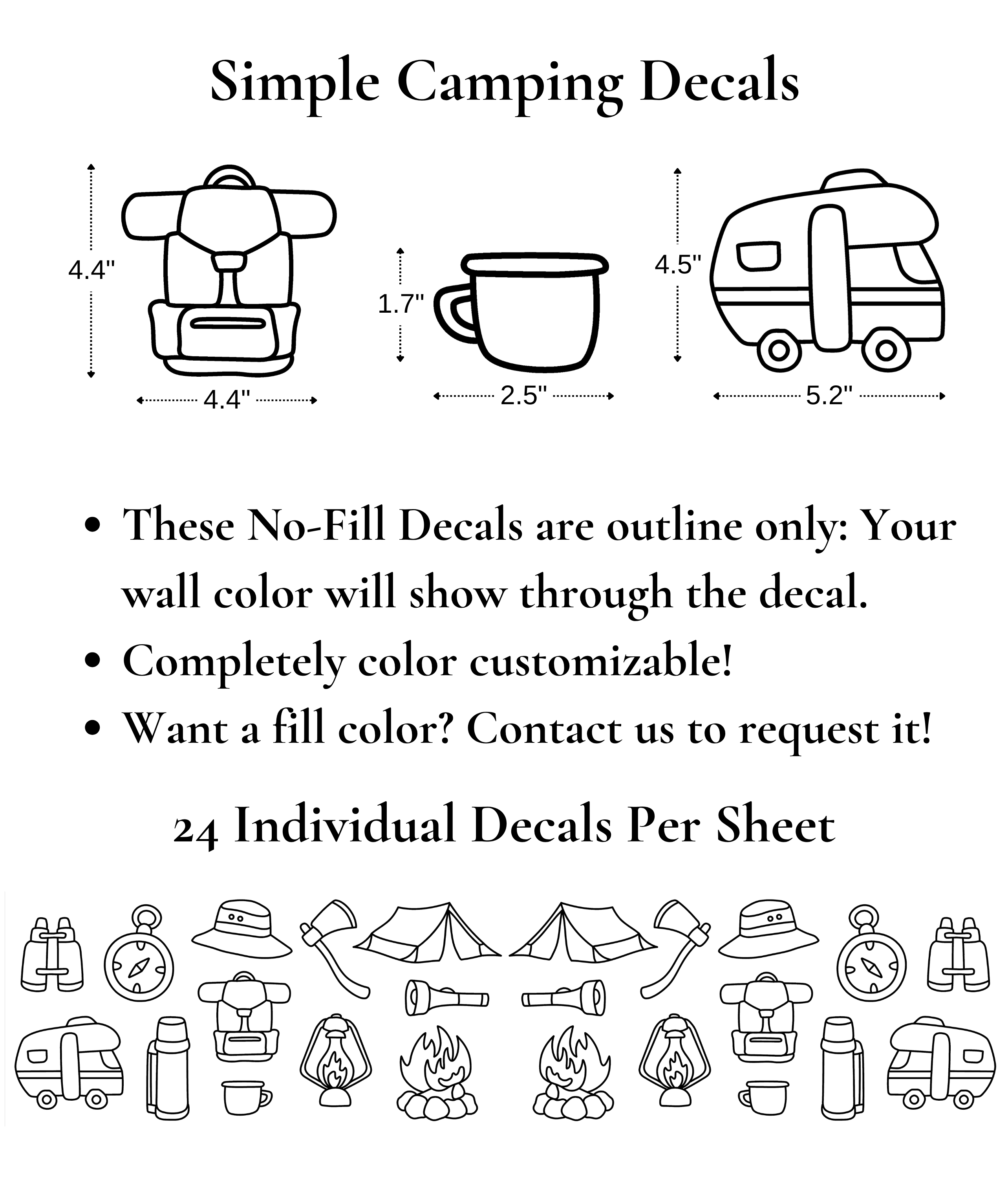 Outline camping decals featuring backpack, mug, and trailer with dimensions listed; includes product details and number of decals