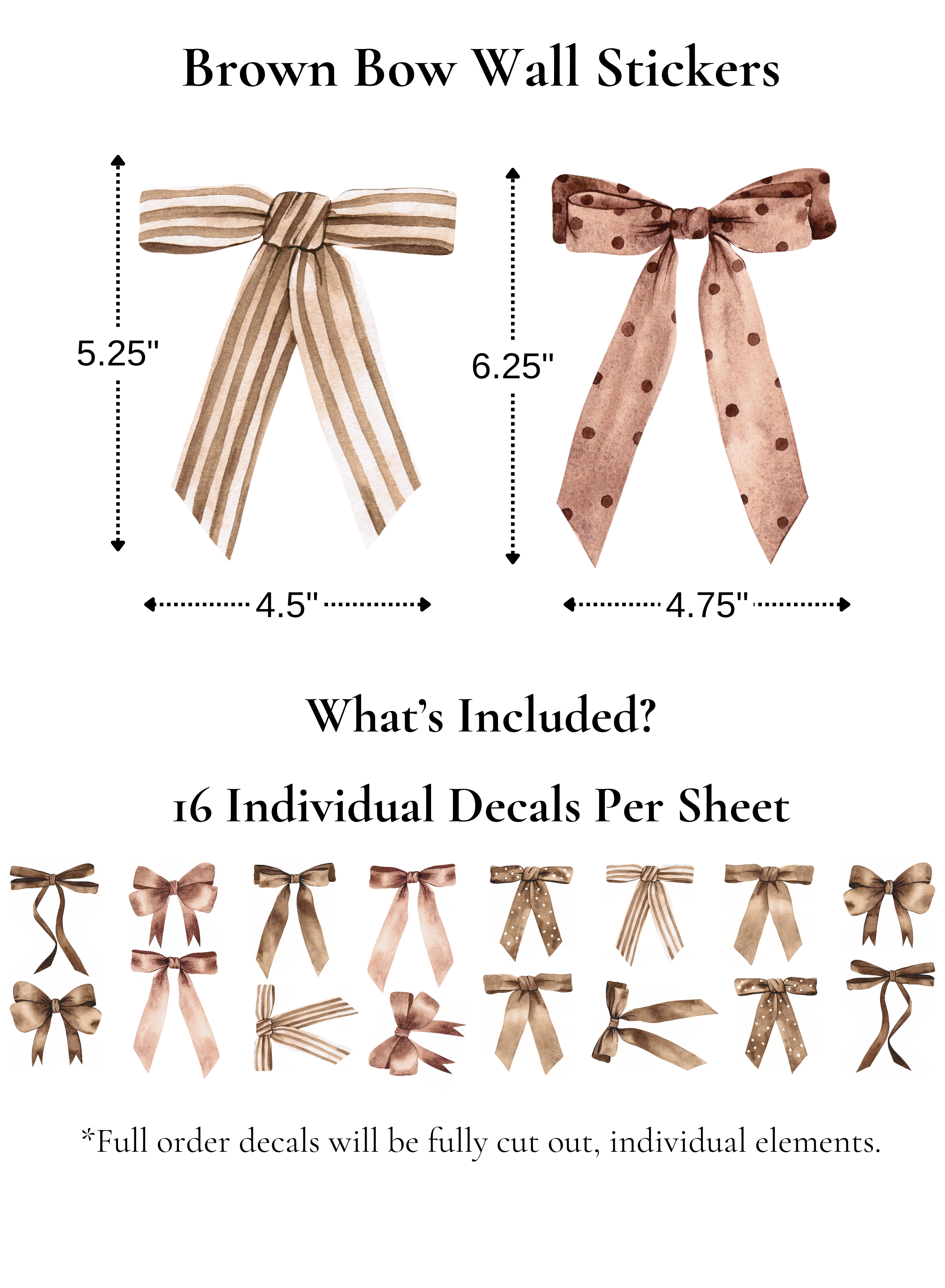 Brown bow wall stickers with measurements and included decals on a white background