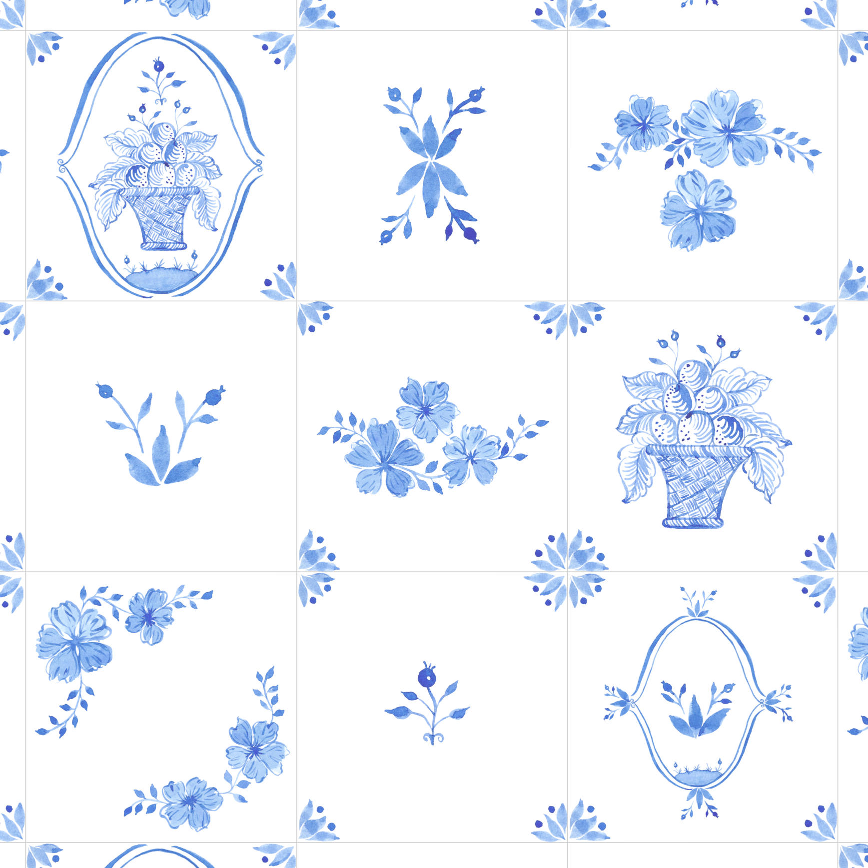 Close-up of Delft tile wallpaper showing blue floral and basket motifs on white background.