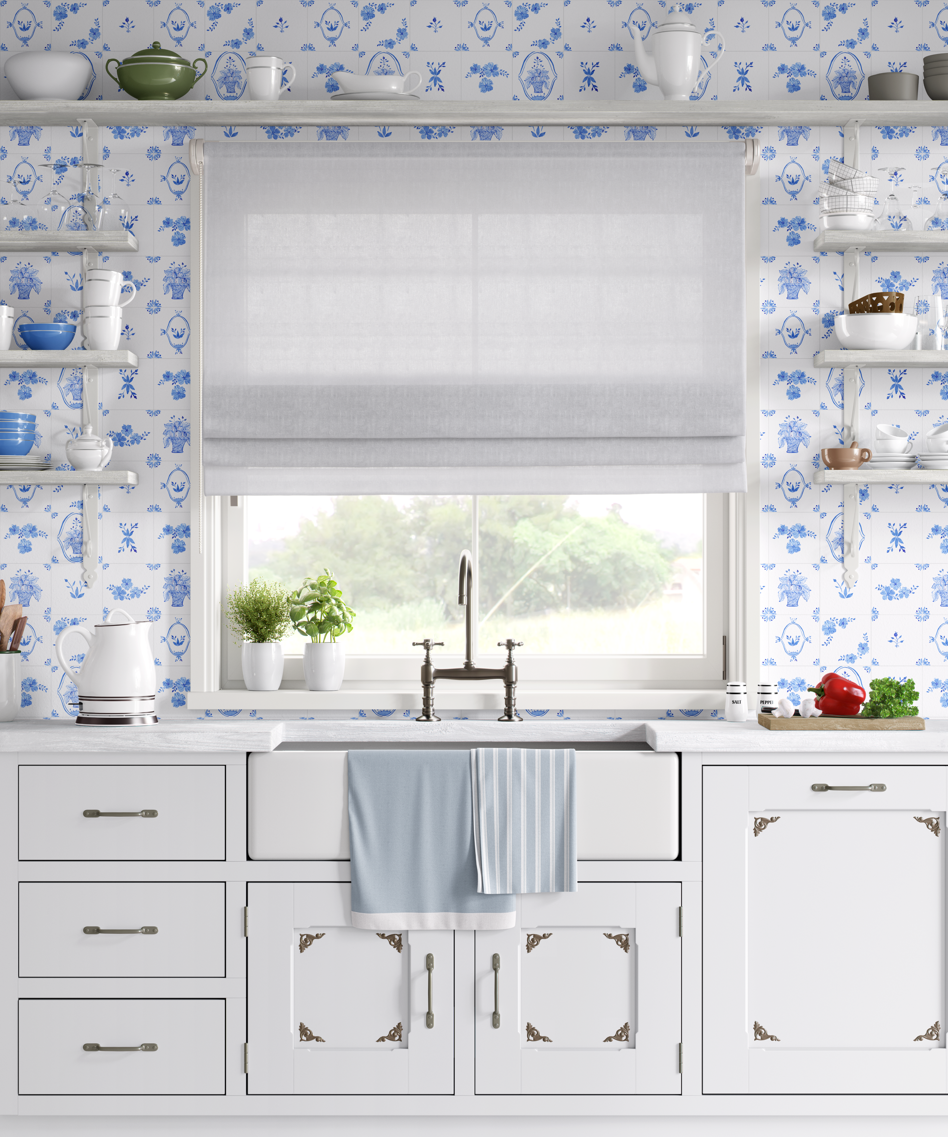 White farmhouse kitchen with Delft tile wallpaper in blue and white floral design behind sink and shelves.