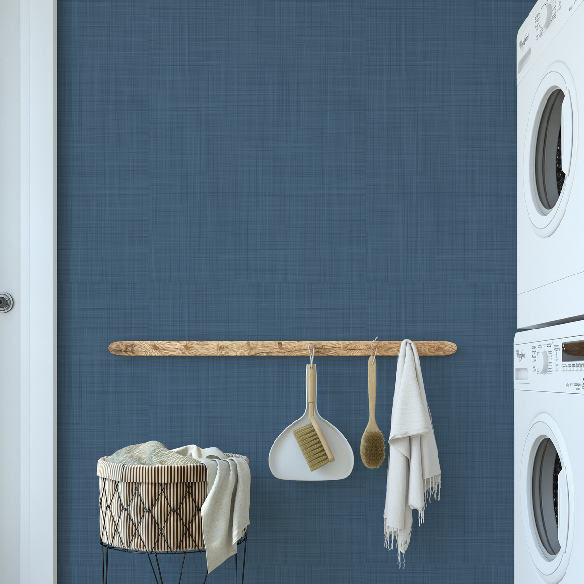 Faux Denim Blue Grass Cloth Wallpaper in a clean organized laundry room