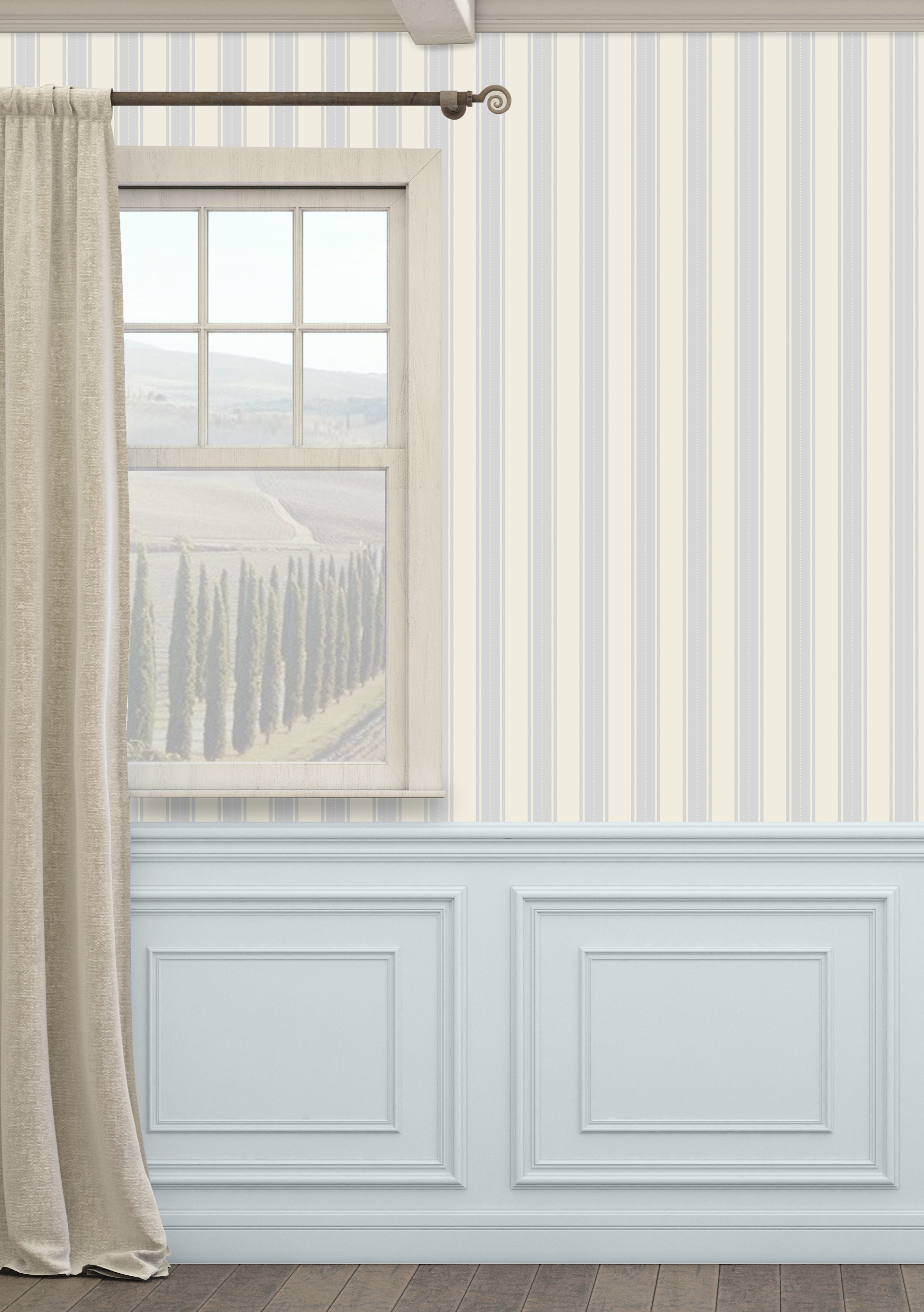 Coastal Grandma blue dotted stripe wallpaper in a classic living room with wainscoting, beige linen curtain, and rustic window frame