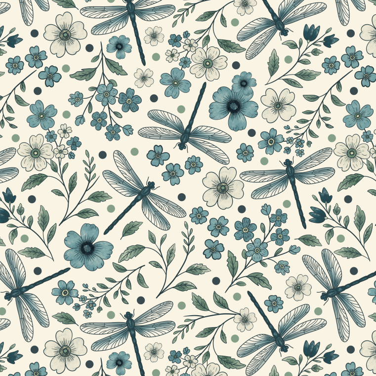 Dragonfly Garden wallpaper pattern with hand-drawn blue dragonflies, teal flowers, green leafy stems and scattered dots on a cream background.