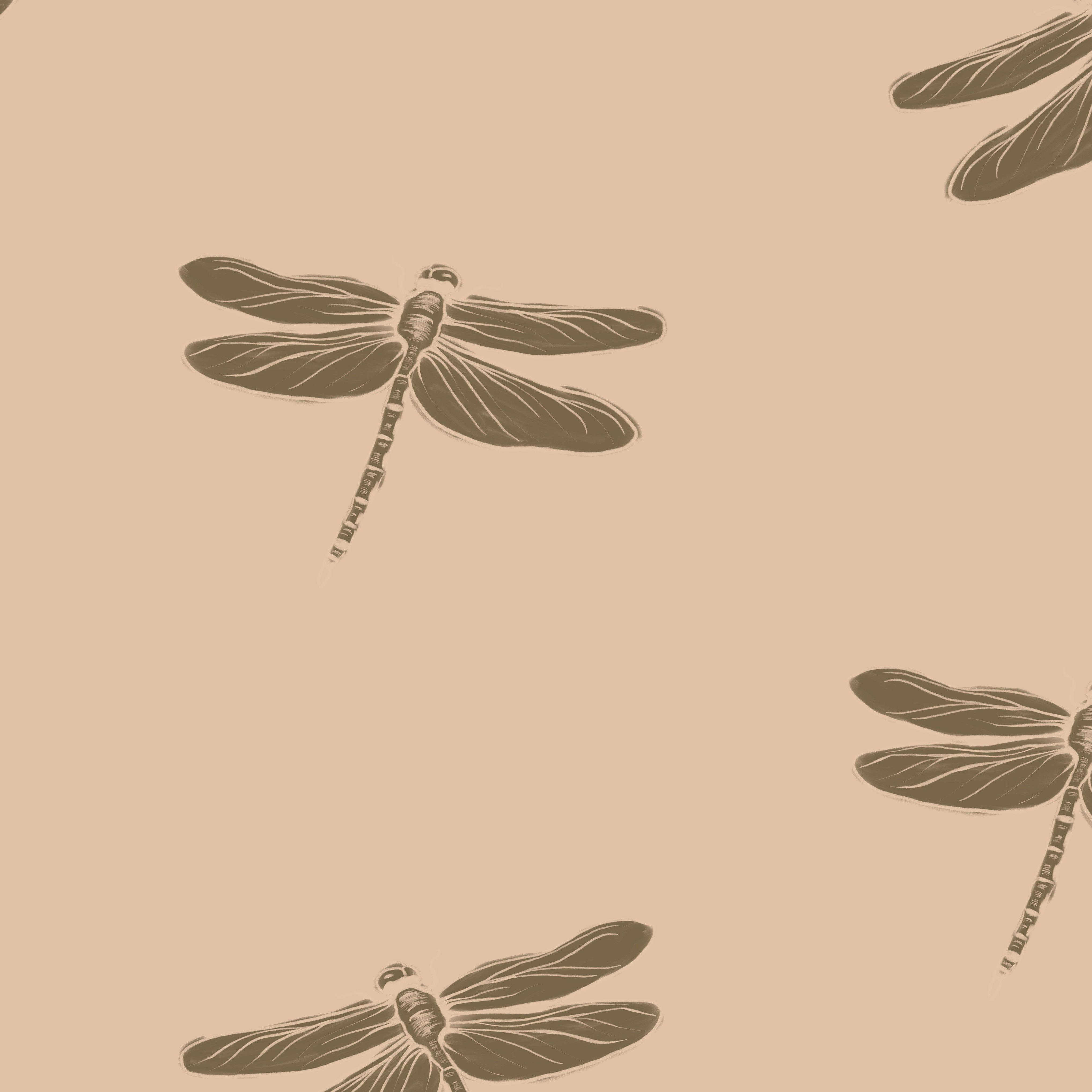 Close up of vintage dragonfly illustration wallpaper showing hand drawn insect details on warm beige background