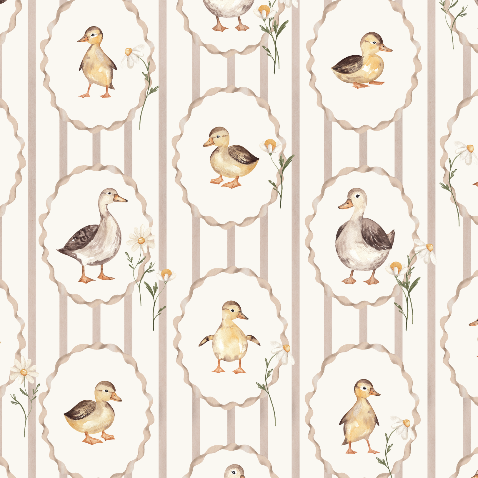 Duckling wallpaper close up featuring watercolor baby ducks and geese with delicate florals