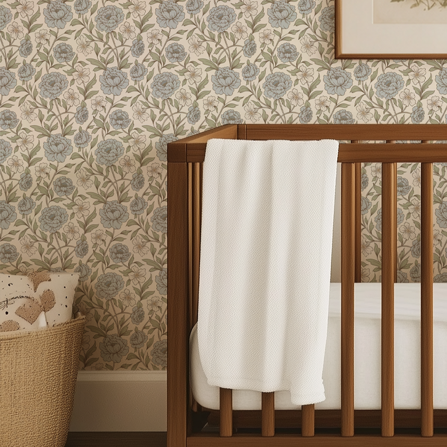 Dusty Blue and Green Peony Wallpaper