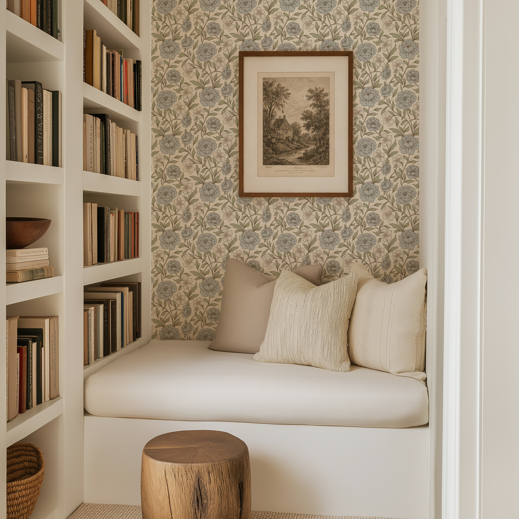 Cozy built-in reading nook featuring Dusty Blue and Green Peony wallpaper with vintage floral pattern and warm neutral decor.