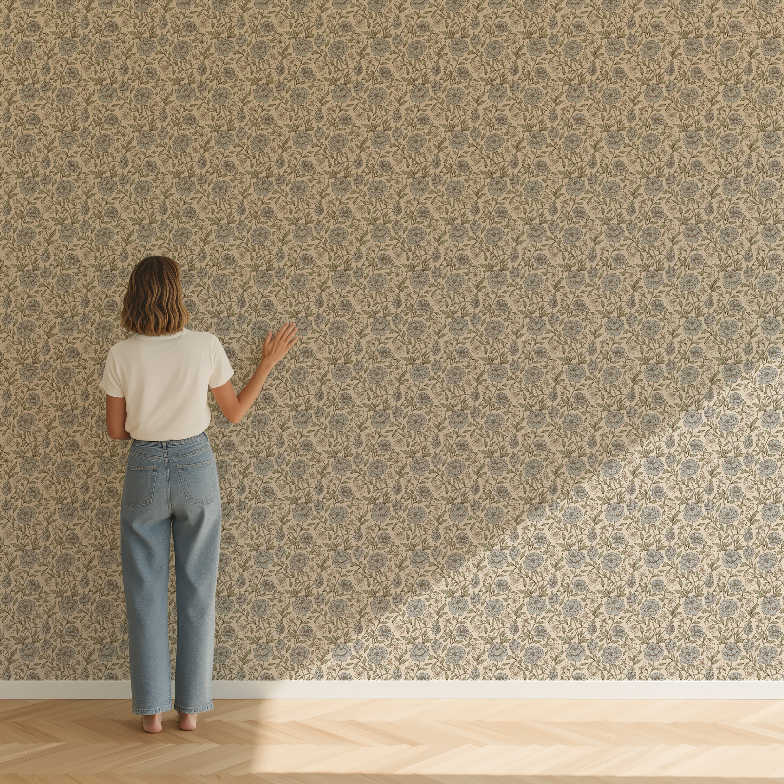 Full wall installation of Dusty Blue and Green Peony wallpaper with person for scale, showcasing the all-over vintage botanical pattern.