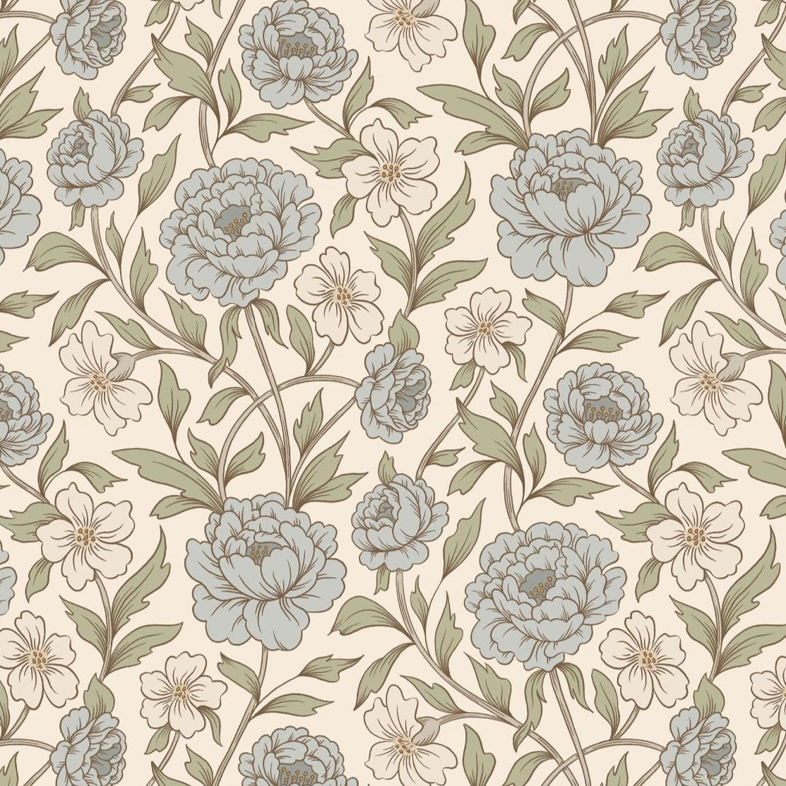 Close-up of Dusty Blue and Green Peony wallpaper featuring soft blue peonies, sage green foliage, and cream floral accents on a warm neutral background.