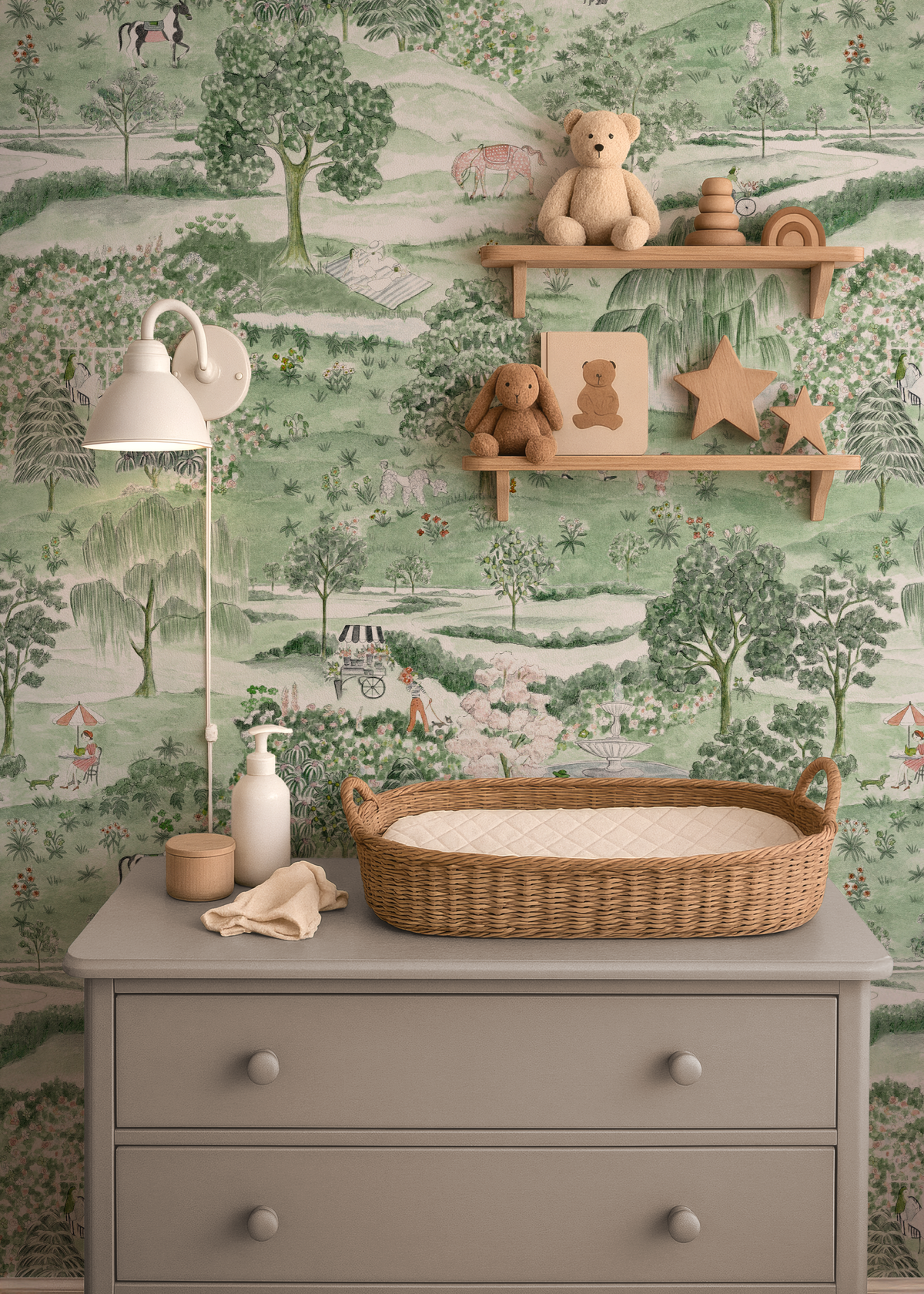 Green English Garden nursery wallpaper with whimsical countryside scenery, horses, gardens, trees and storybook details
