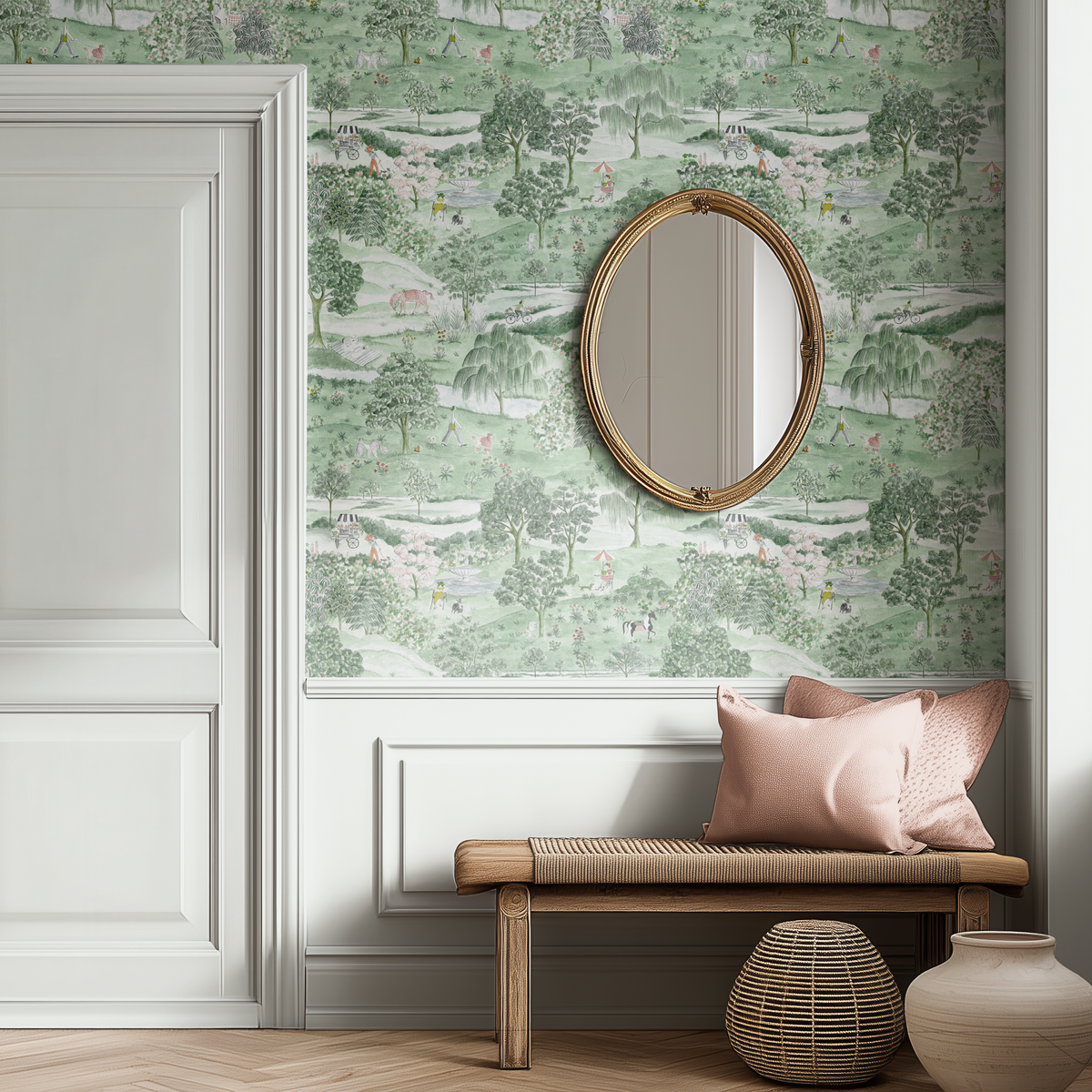 English Garden scenic wallpaper in an elegant hallway with green pastoral landscape, flowers, trees and vintage details