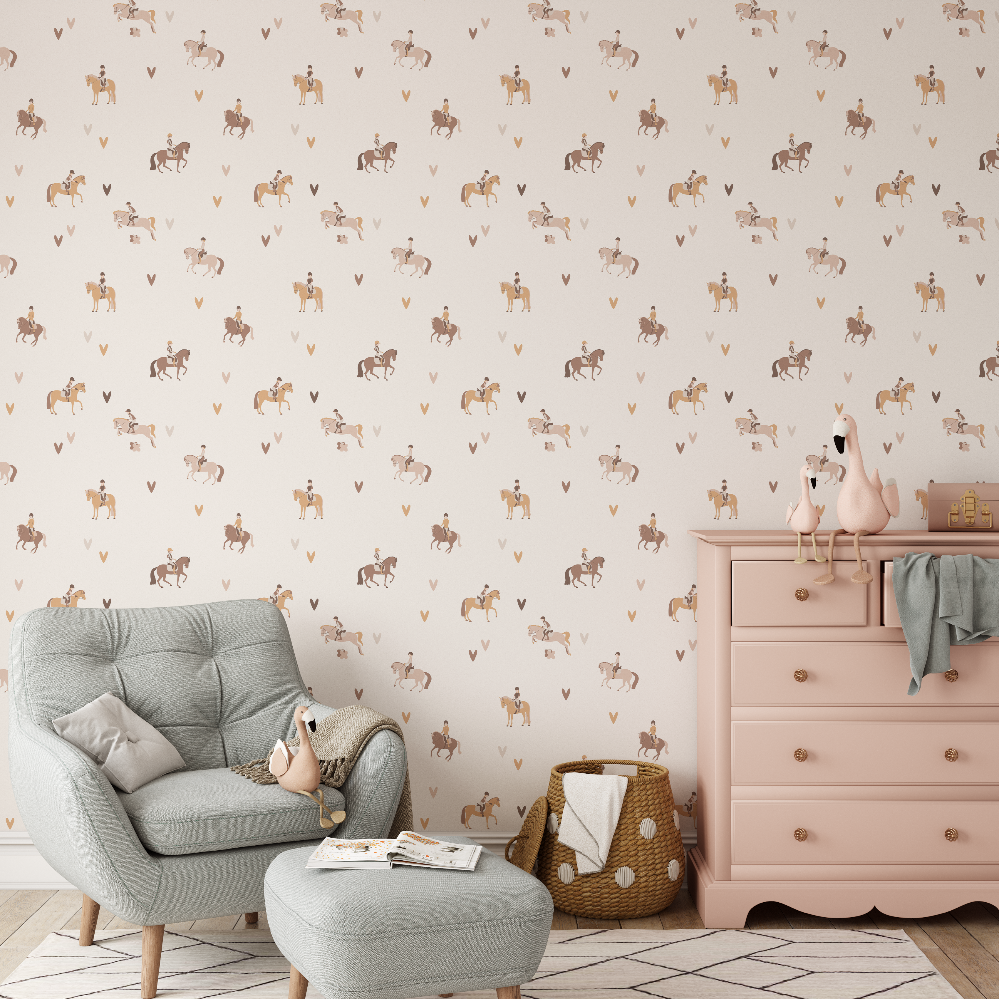 horse girl wallpaper in nursery with blush dresser and reading chair in neutral riding theme room