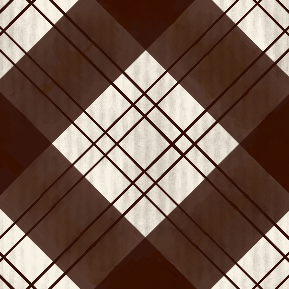 A repeating argyle-style plaid pattern in dark brown, cream, and black, filling the entire frame.