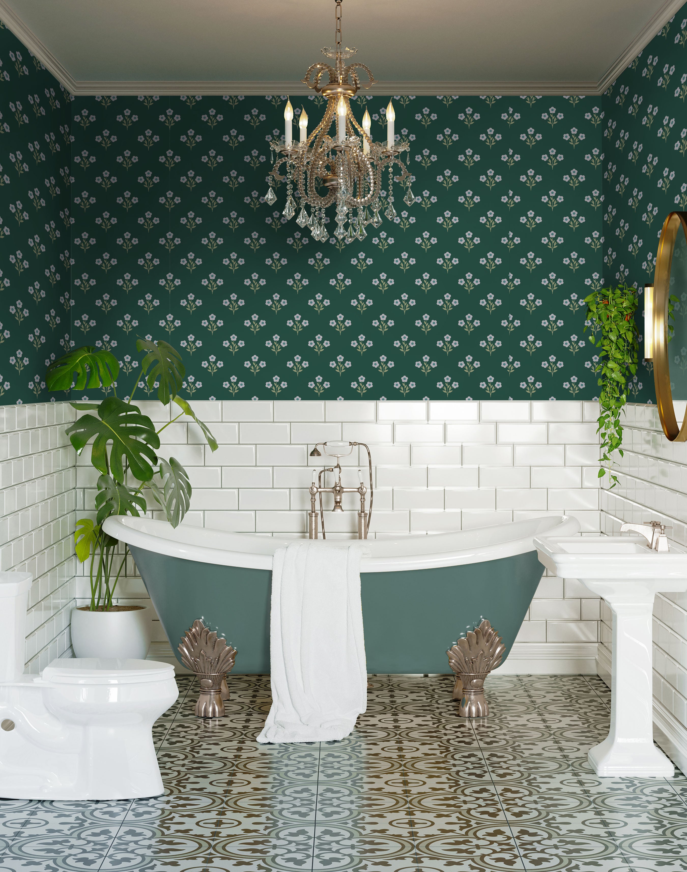 Dark green floral wallpaper installed in a classic bathroom with clawfoot tub and white tile wainscoting