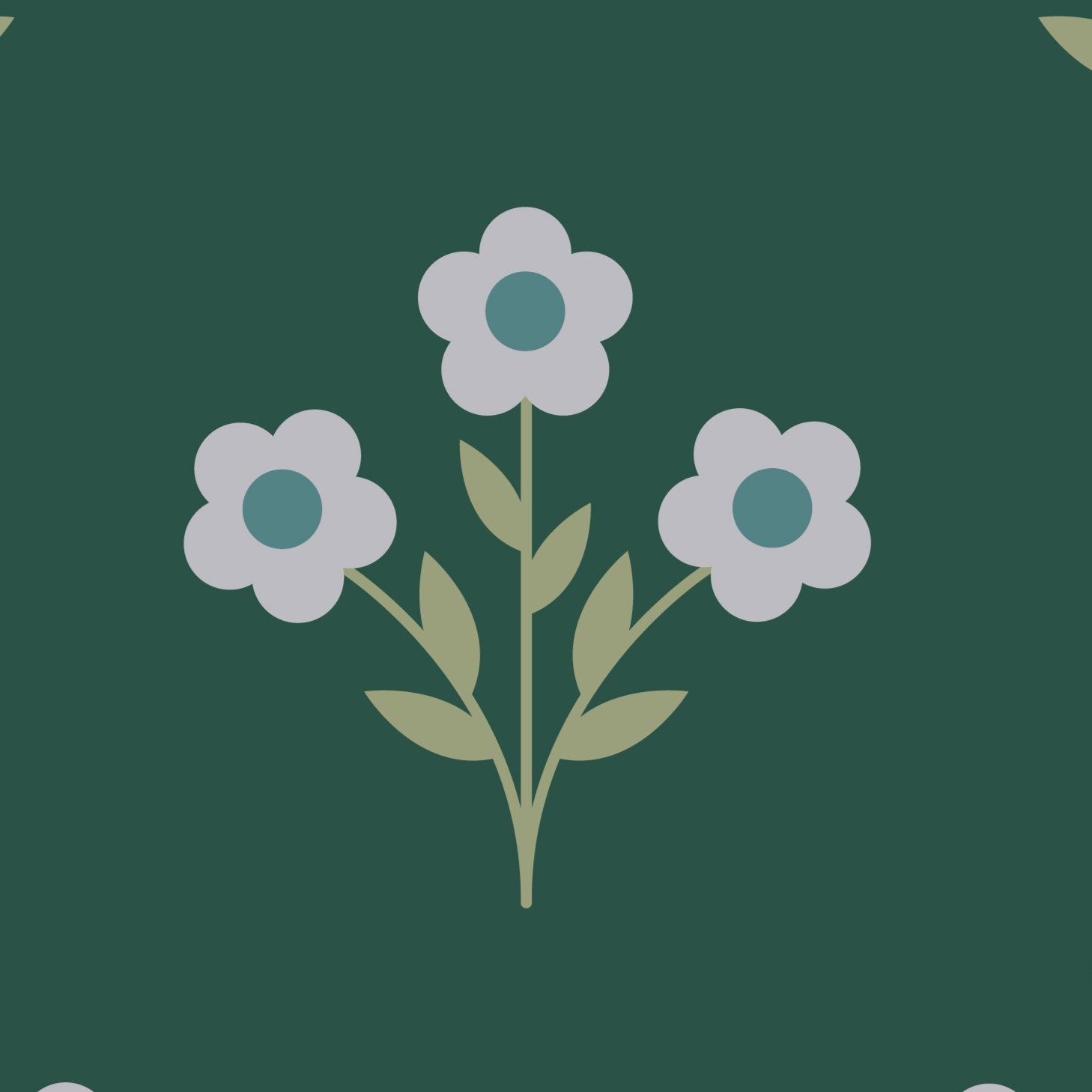 Close up of evergreen blossom wallpaper floral motif showing simple vintage flower illustration and muted tones