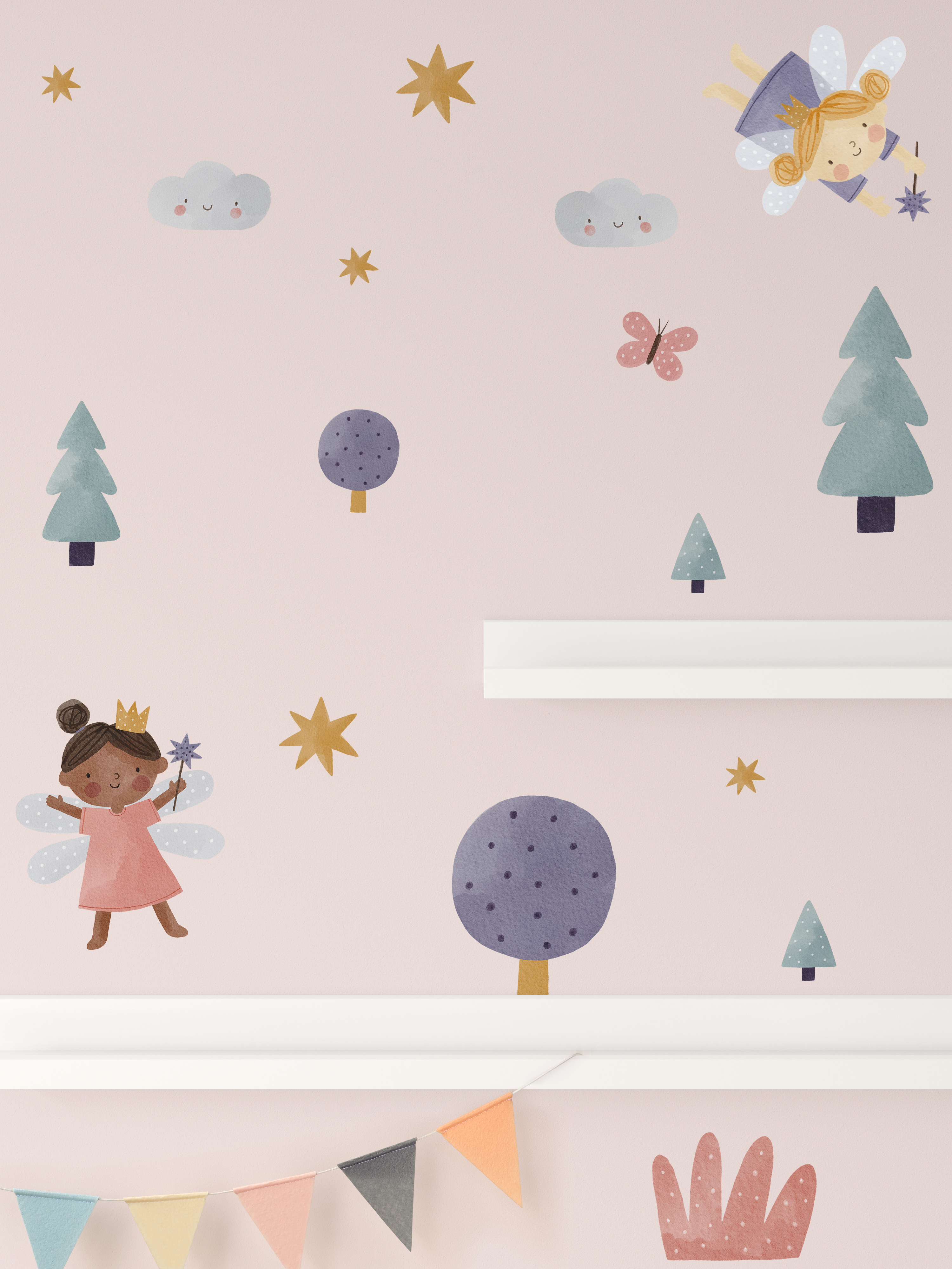 Magical fairy wall decal set with castle, fairy, moon, rainbow, and stars