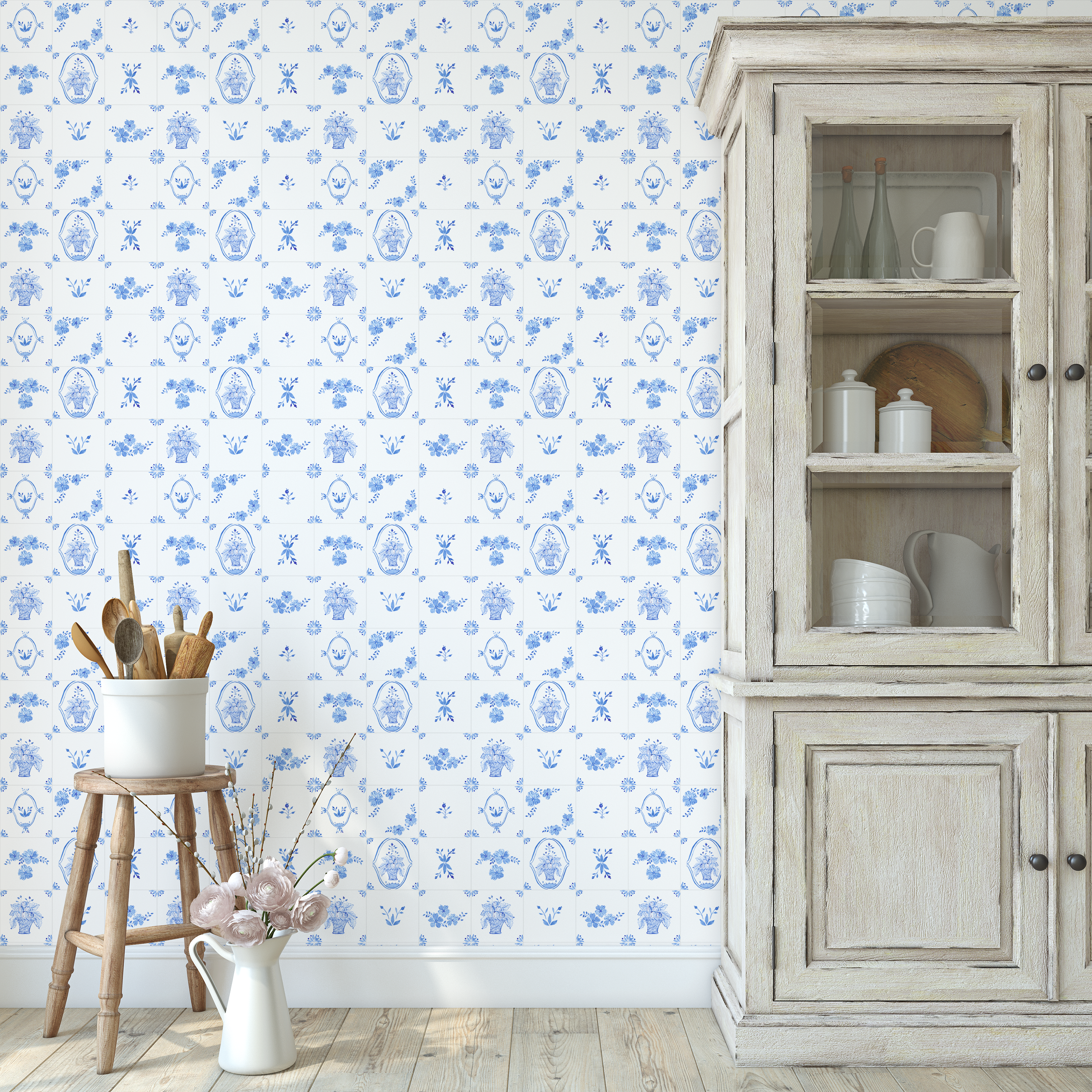 Farmhouse decor with rustic cabinet and Delft tile wallpaper in blue floral pattern.