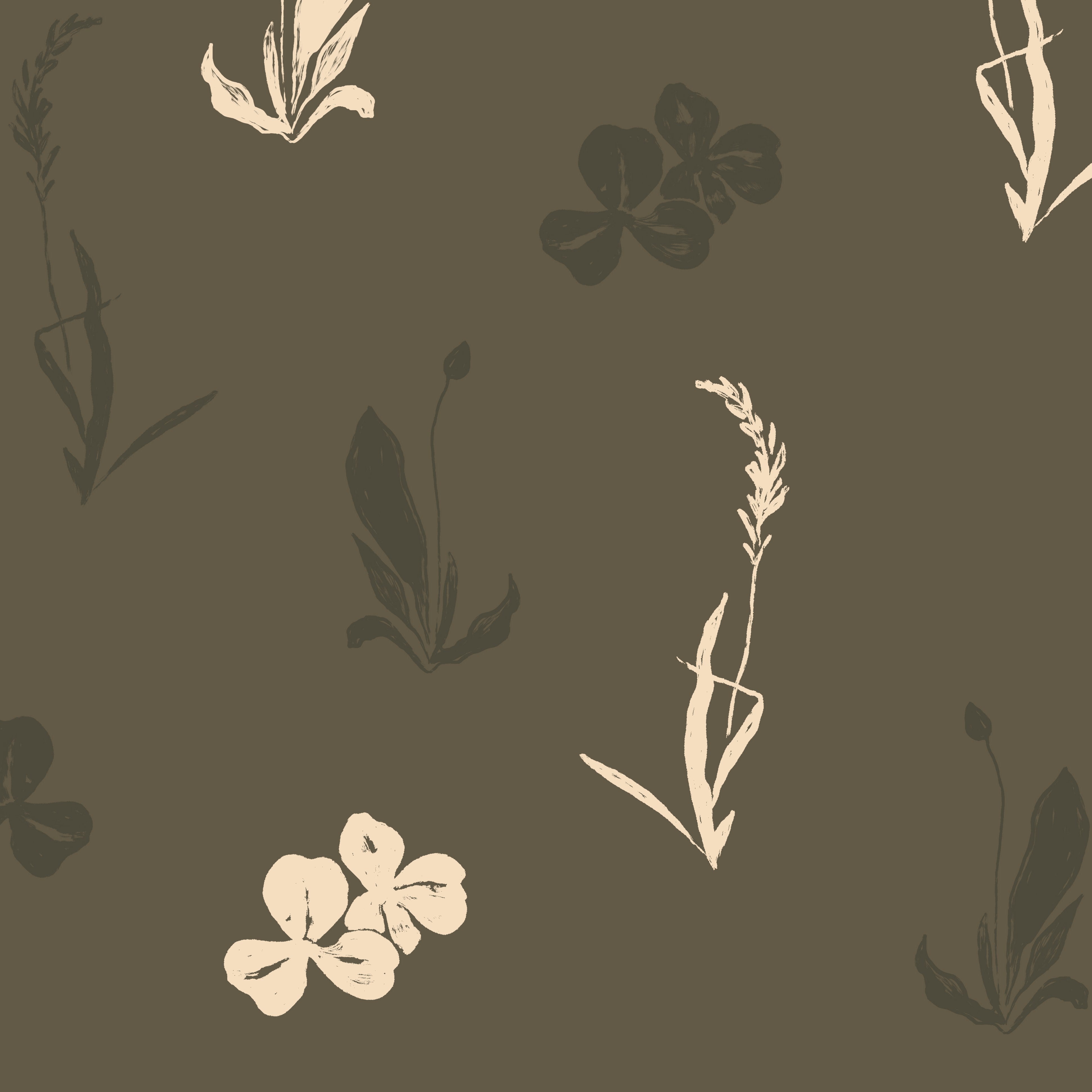 Field Study wallpaper pattern showing soft florals, grasses, and organic shapes