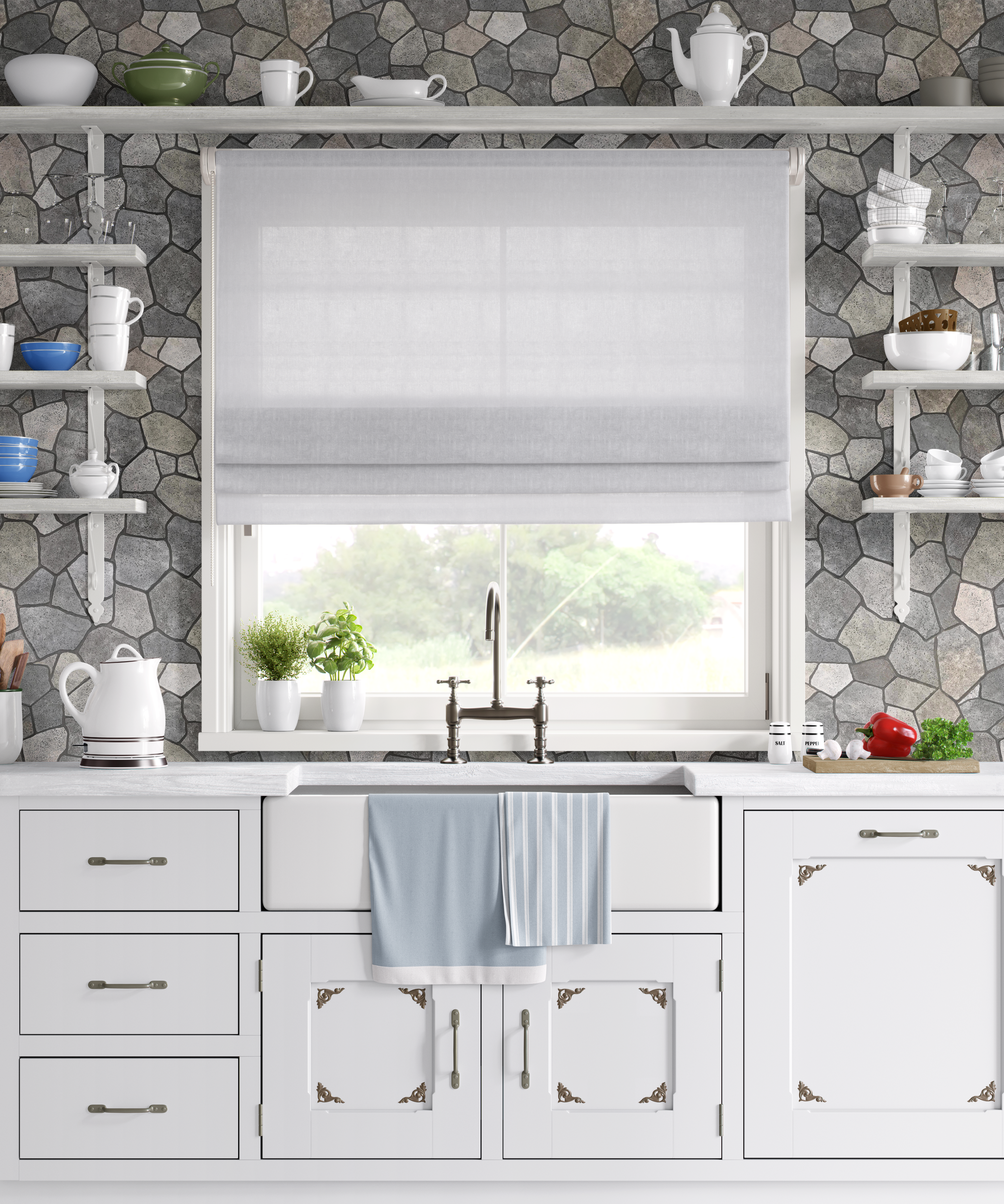 Flagstone tile wallpaper used as backsplash in white farmhouse kitchen with open shelving