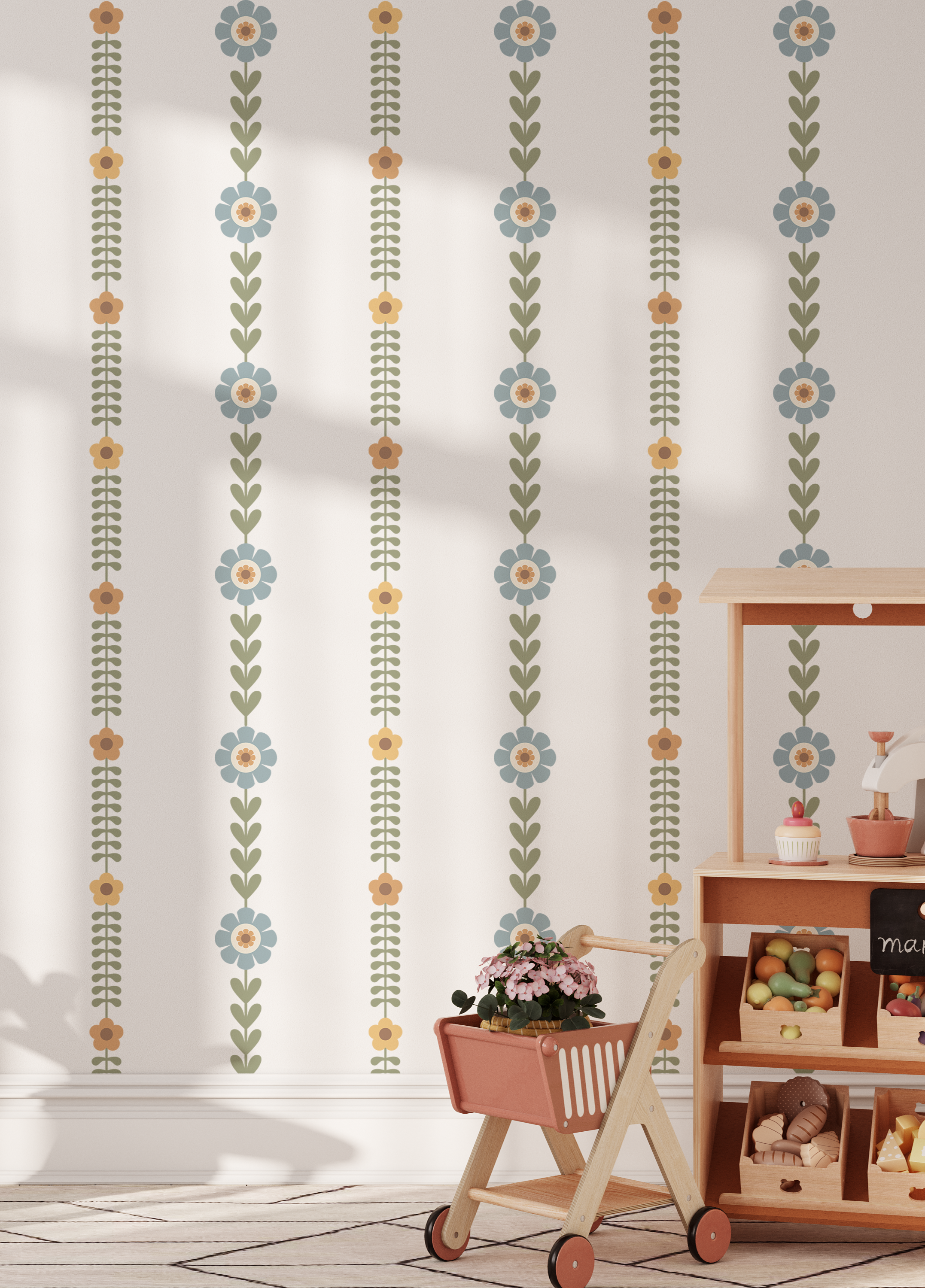 Vertical floral stripe wall decals with blue and orange flowers in a neutral room featuring rattan chair and woven baskets